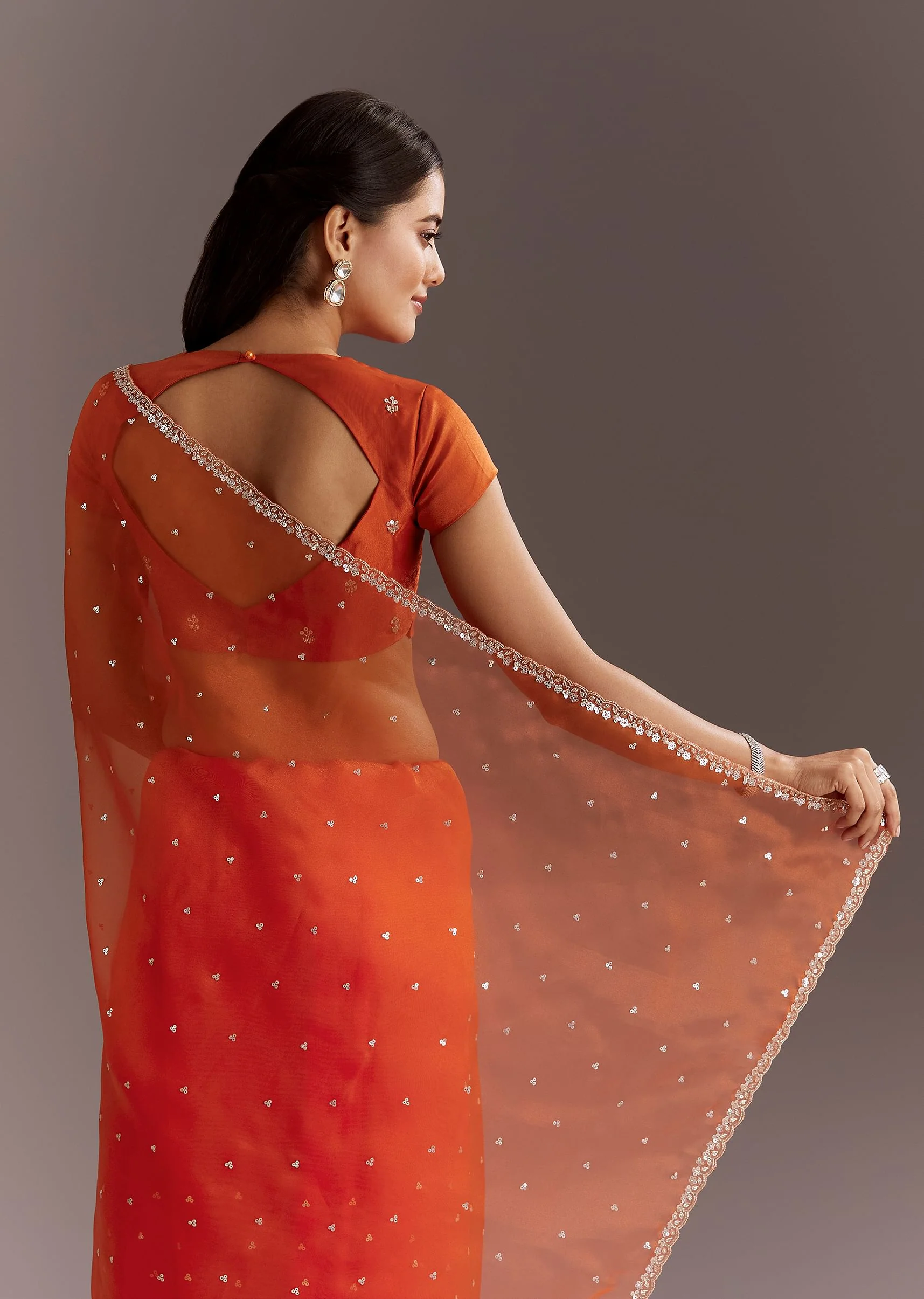 Orange Glass Tissue Saree With Cutdana And Sequins Scallop Border - Image 6