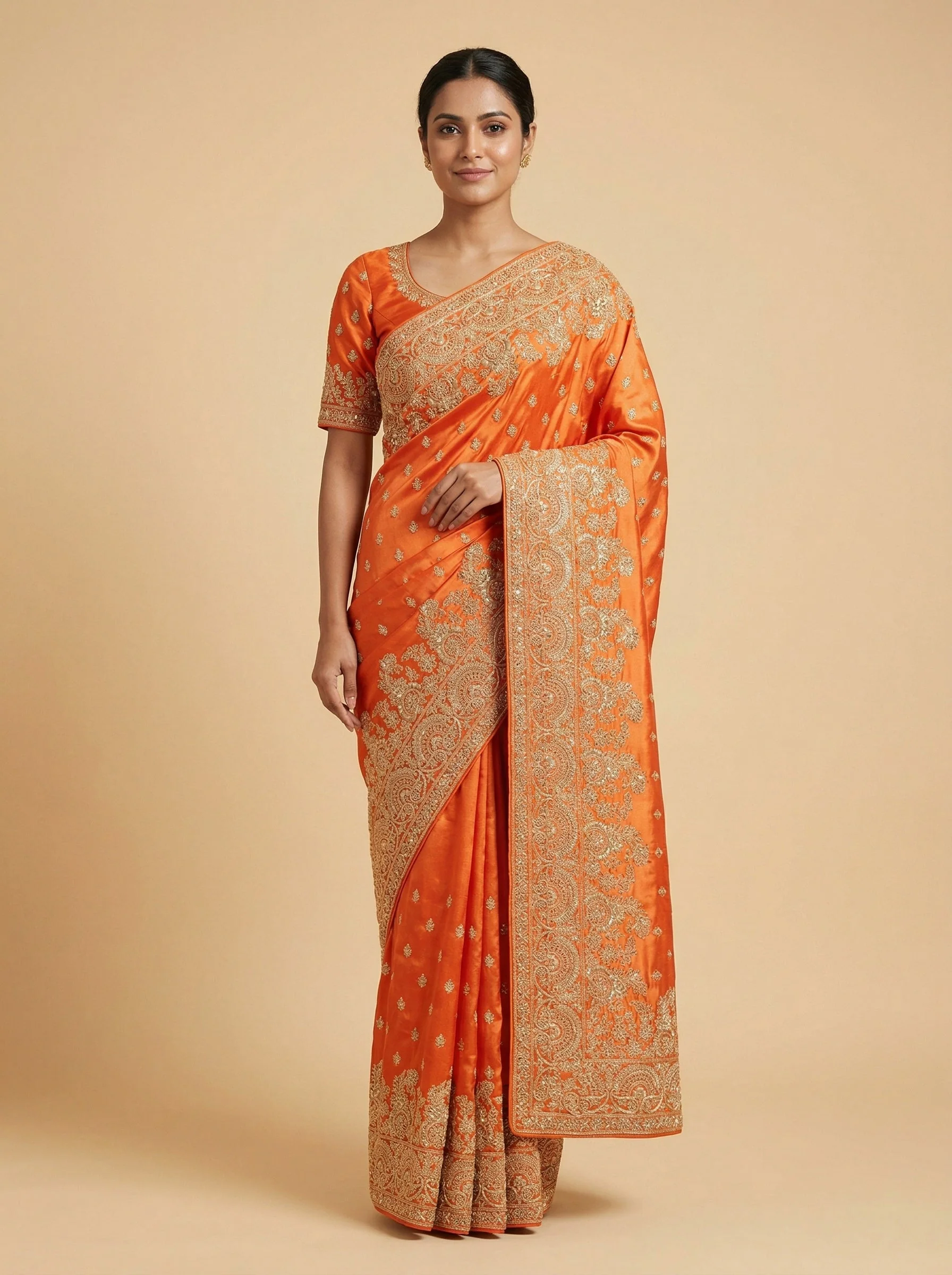 Orange Gleaming Embroidered Saree