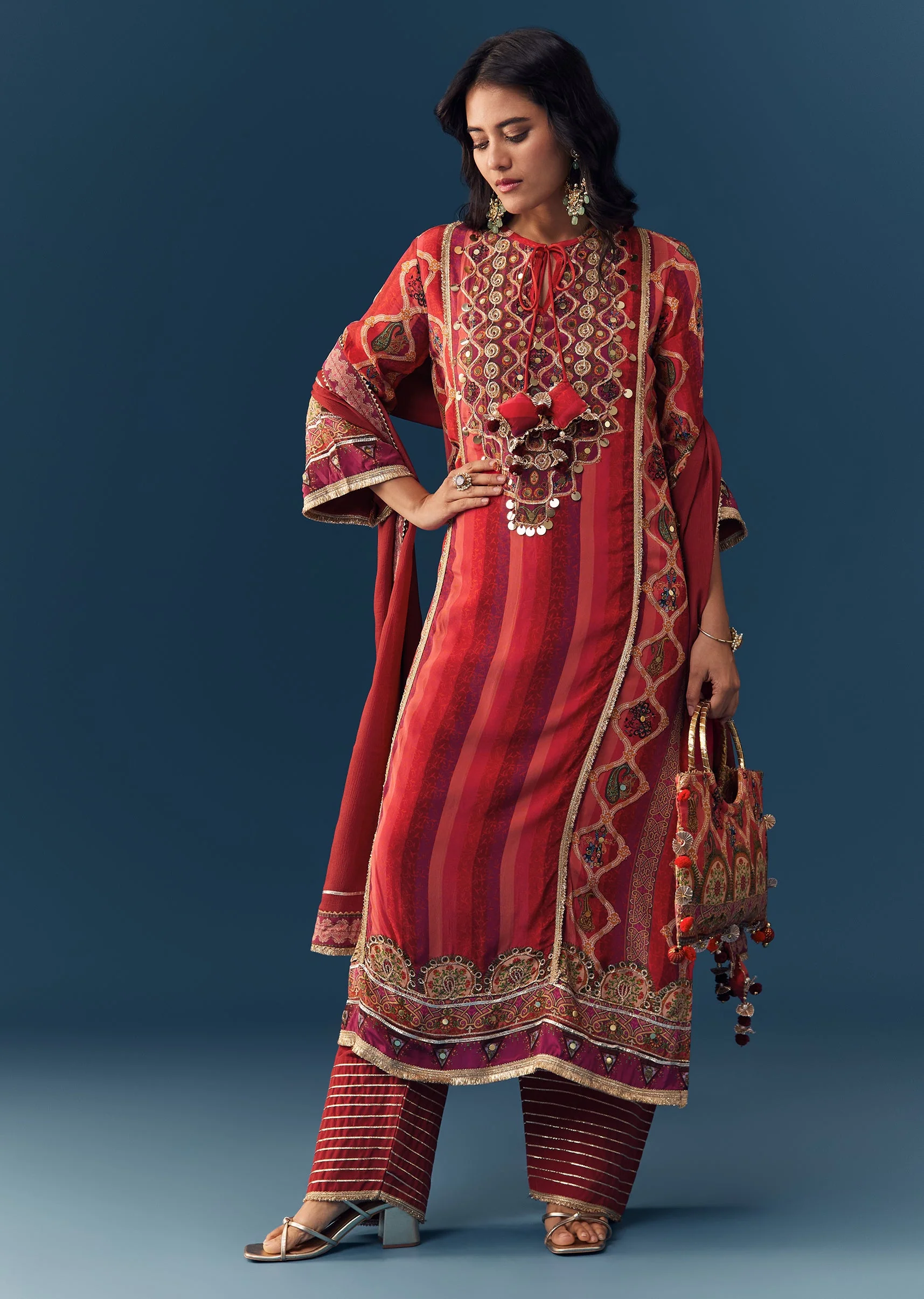 Orange Gota Lace Work Kurta Set with Handbag - Image 3