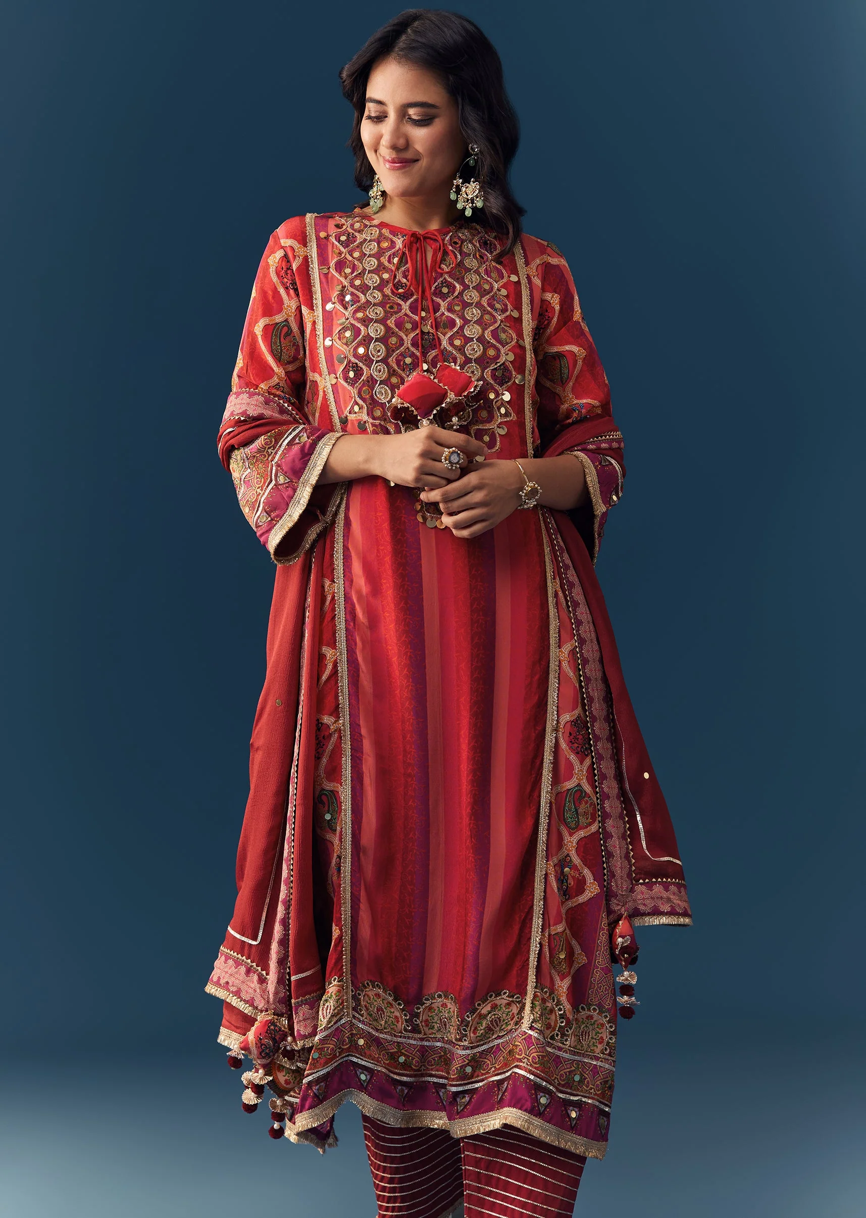 Orange Gota Lace Work Kurta Set with Handbag - Image 4
