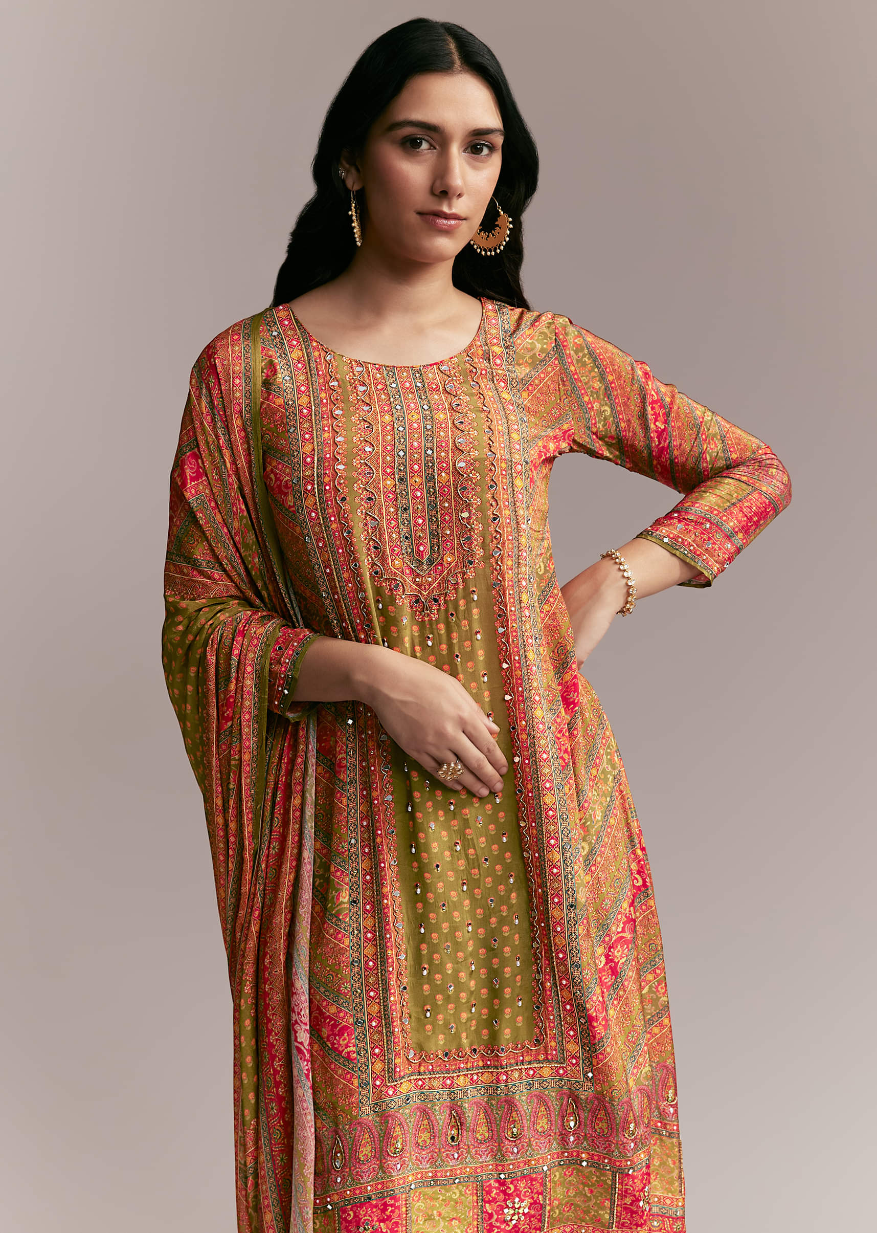 Orange Green Printed Kurta Set - Image 4