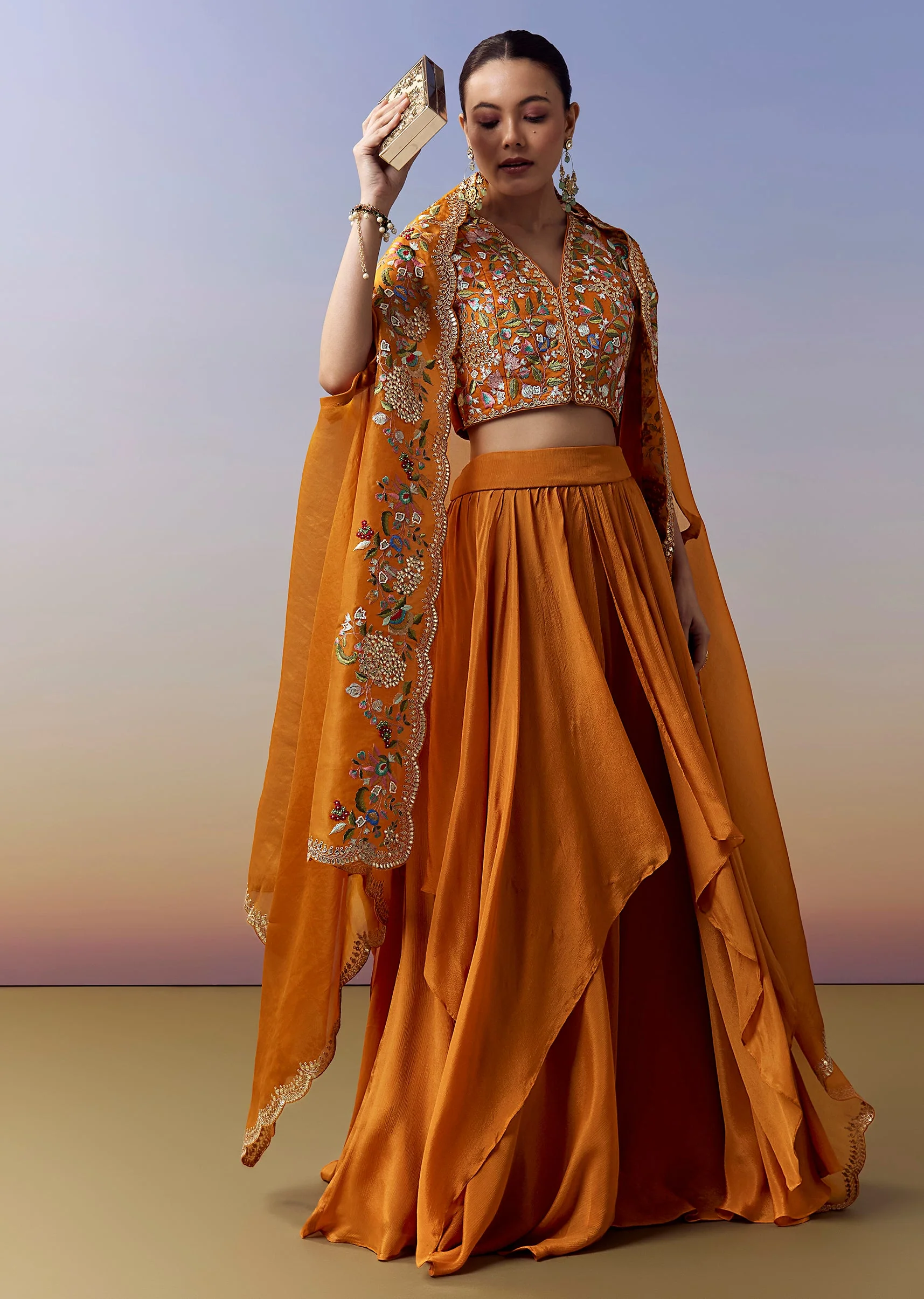 Orange Indo Western Crop Top Skirt Set With Parsi Work And Cape