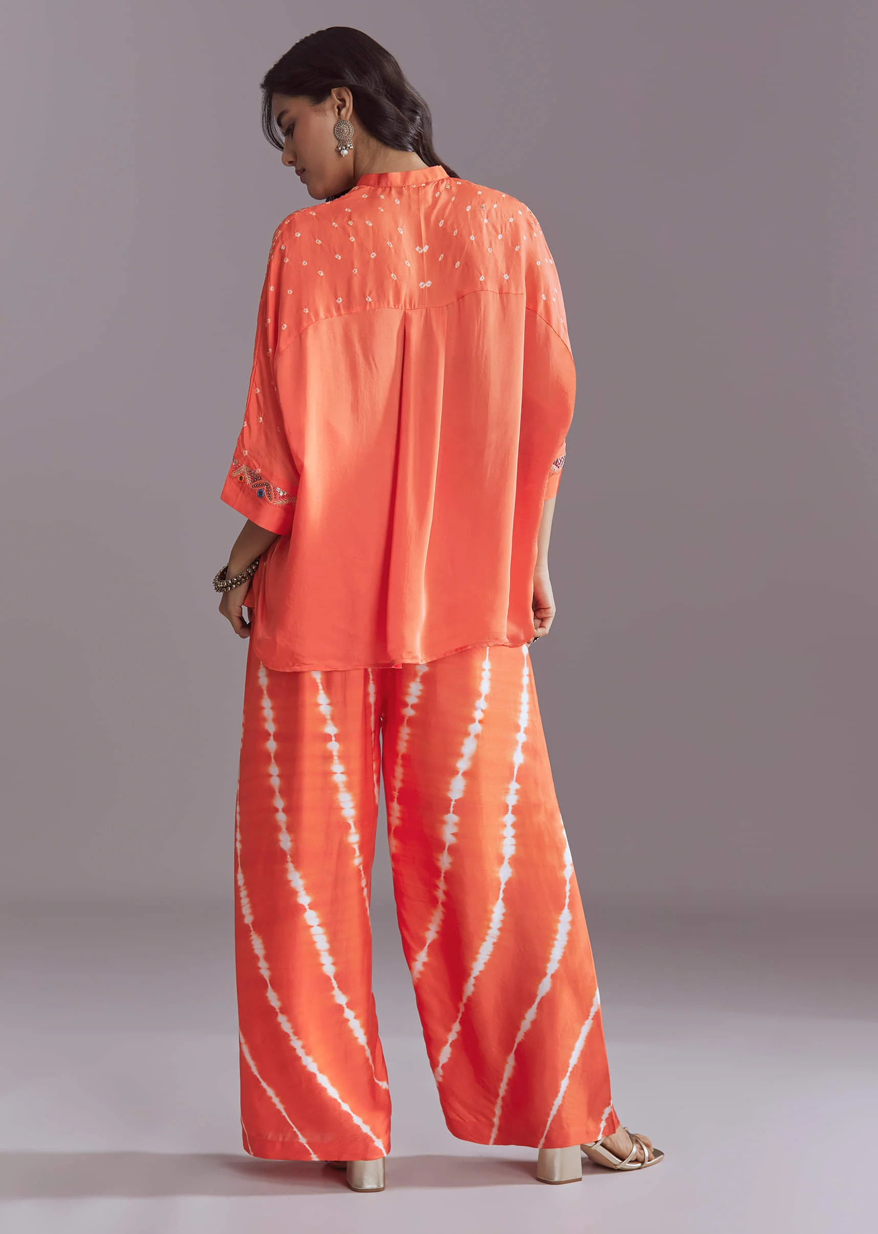 Orange Modal Silk Co-Ord Set With Authentic Bandhani And Leheriya Print - Image 5