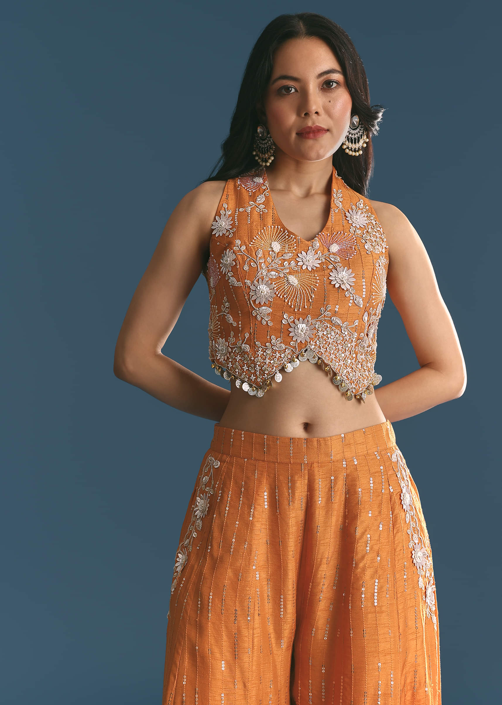 Orange Ombre Silk Palazzo Suit With Cutdana Croptop - Image 4