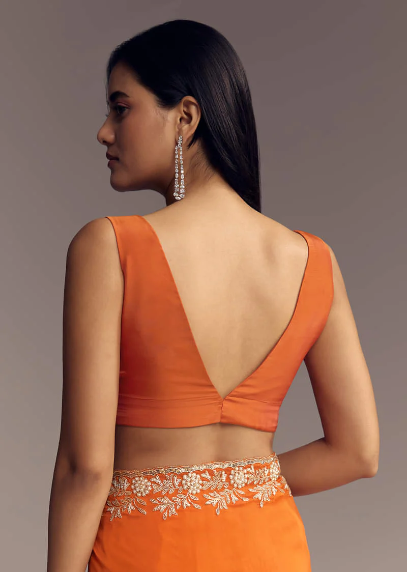 Orange Organza Saree With Zigzag Sequins And Cut Dana Embroidery - Image 8