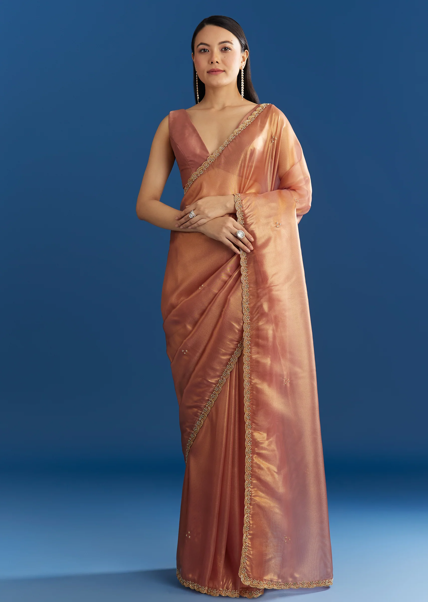 Orange Organza Tissue Saree With Sparkling Scallop Border - Image 3