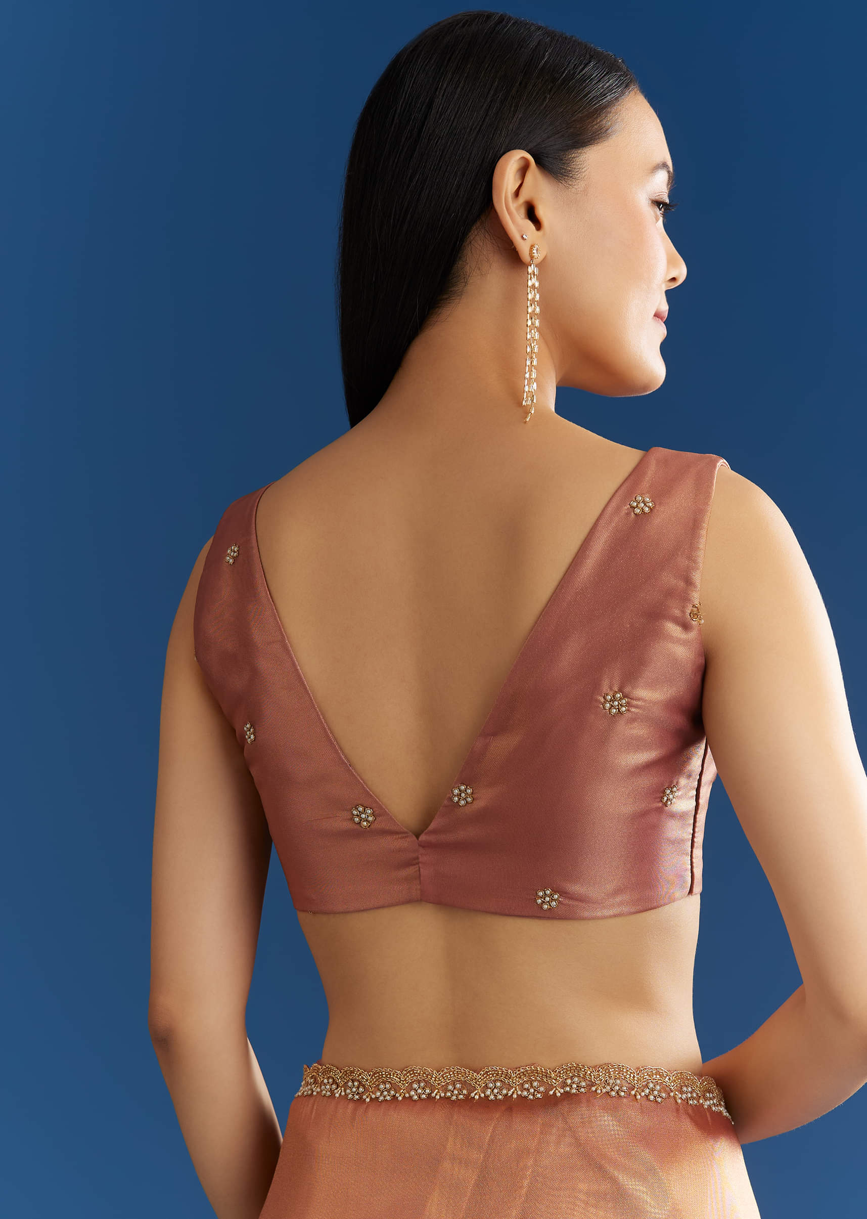Orange Organza Tissue Saree With Sparkling Scallop Border - Image 8