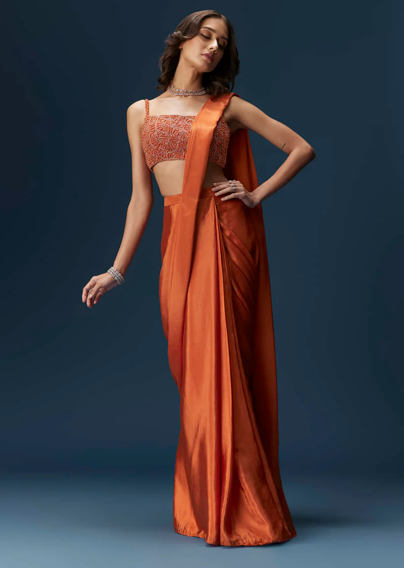 Orange Ready Pleated Saree With Square Neck Blouse - Image 5