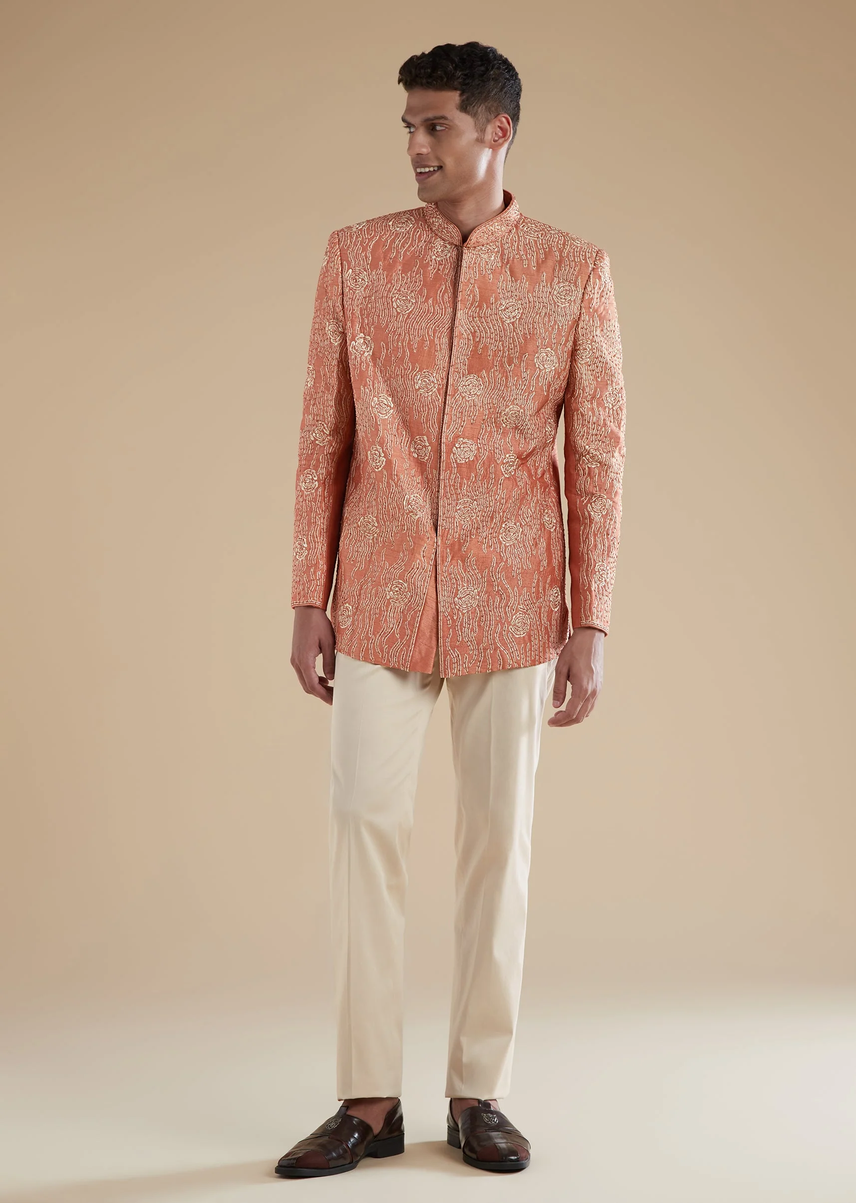 Orange Rust Raw Silk Mens Jodhpuris with Thread Resham Detail Work