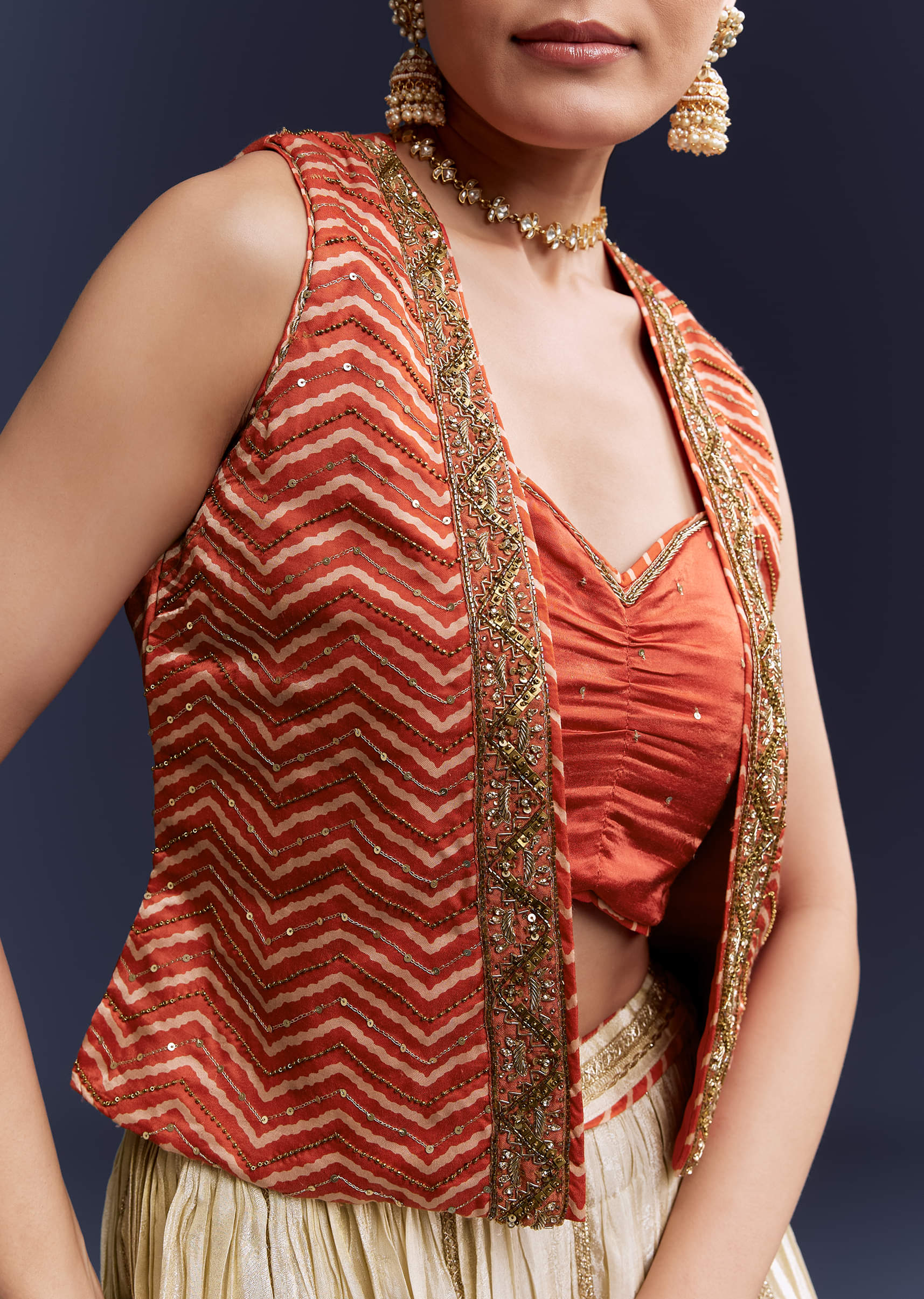 Orange Satin Festive Lehenga With Hand Dyed Chevron Print Jacket - Image 3