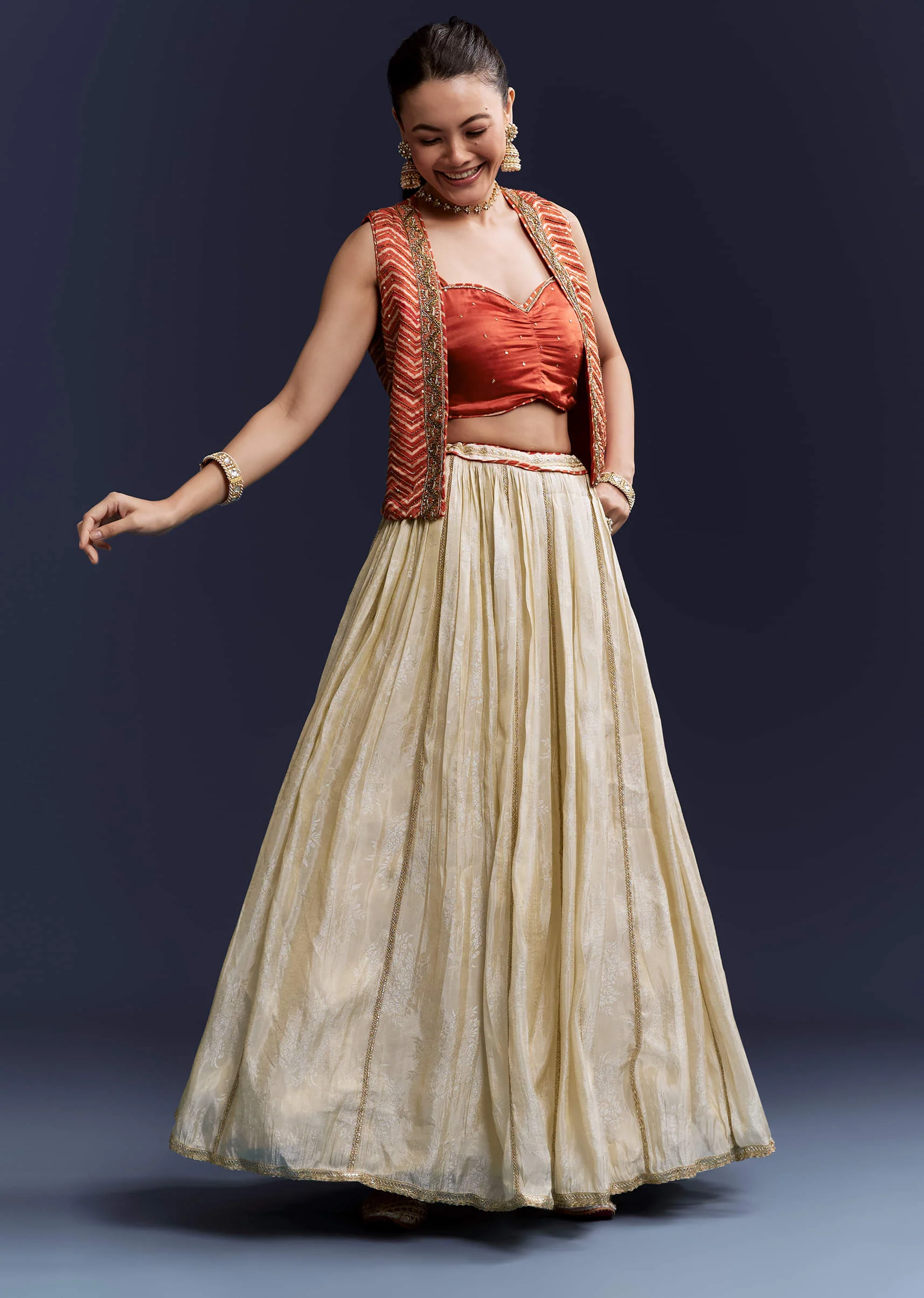 Orange Satin Festive Lehenga With Hand Dyed Chevron Print Jacket - Image 4