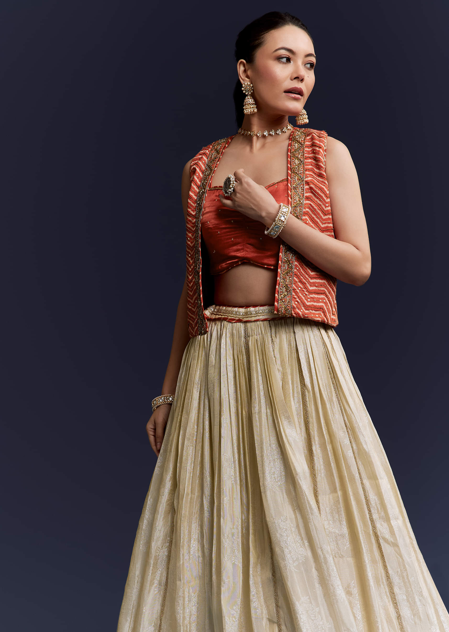 Orange Satin Festive Lehenga With Hand Dyed Chevron Print Jacket - Image 5