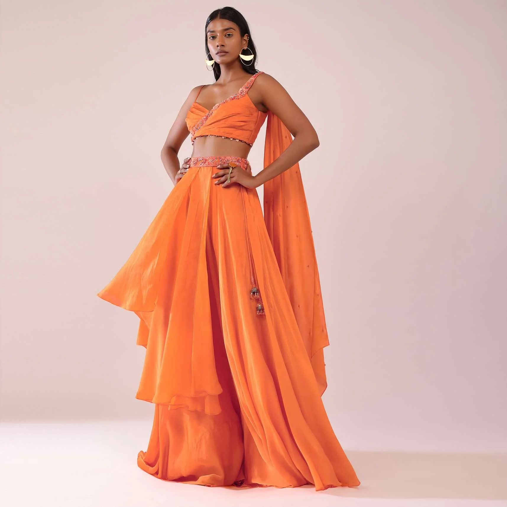 Orange Satin Organza Drape Lehenga And Blouse Set With Attached Pallu - Image 2
