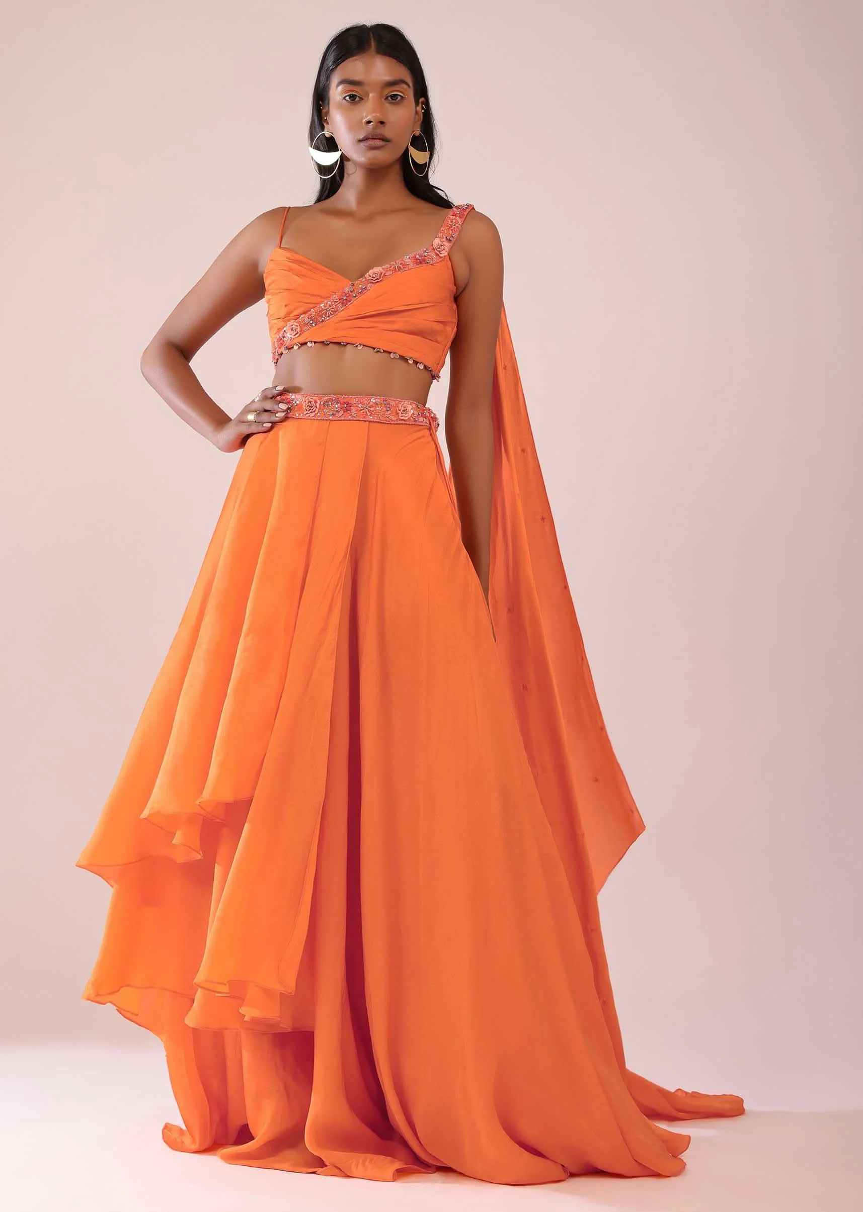 Orange Satin Organza Drape Lehenga And Blouse Set With Attached Pallu - Image 4