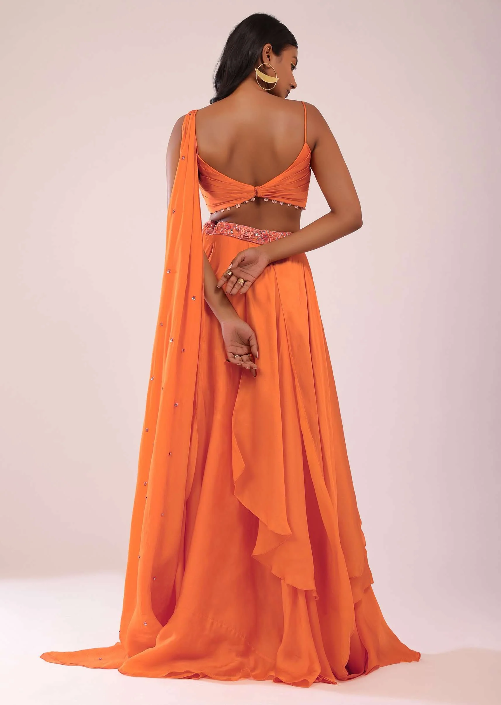 Orange Satin Organza Drape Lehenga And Blouse Set With Attached Pallu - Image 7