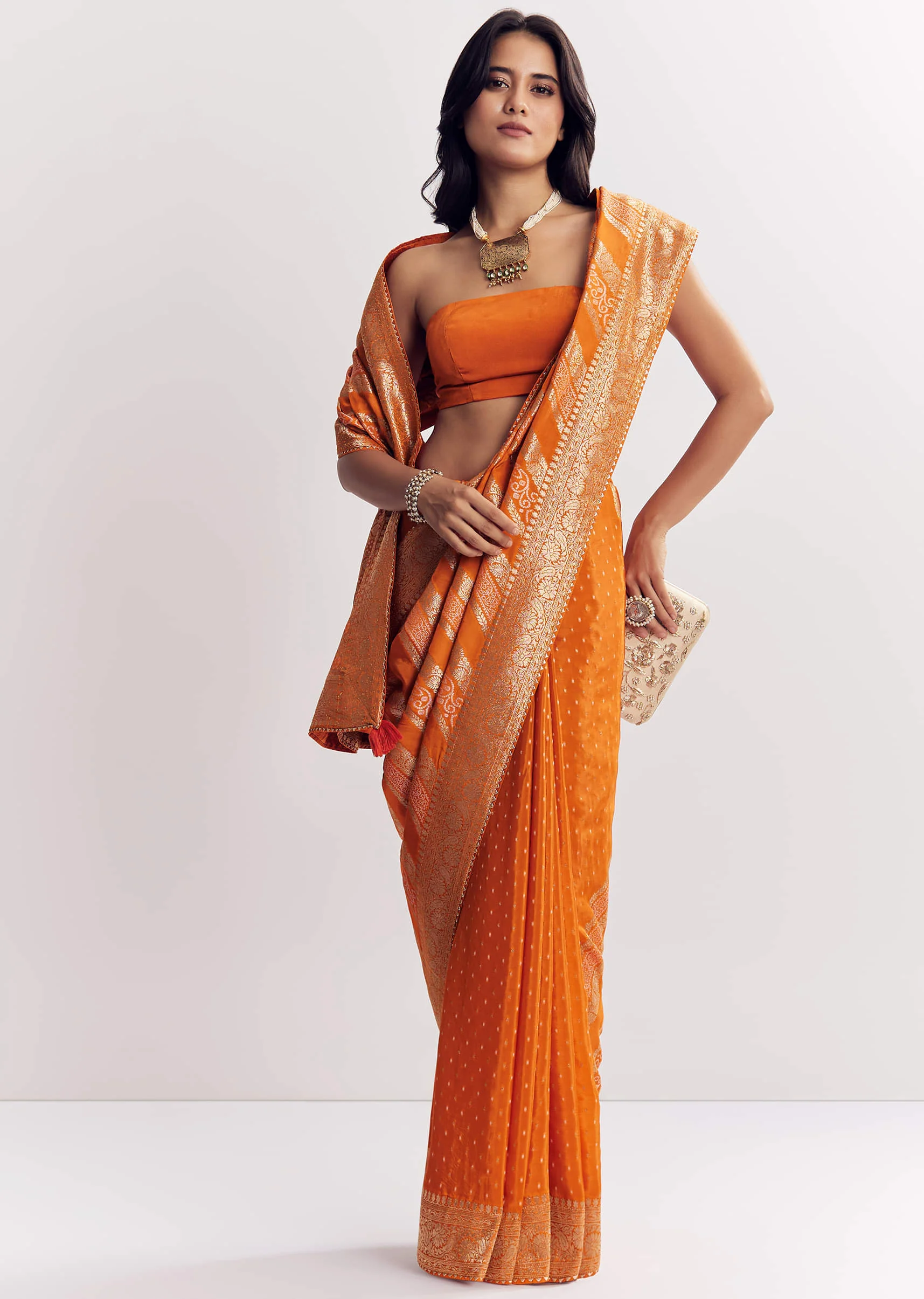 Orange Satin Saree With Zari Vine Design - Image 3