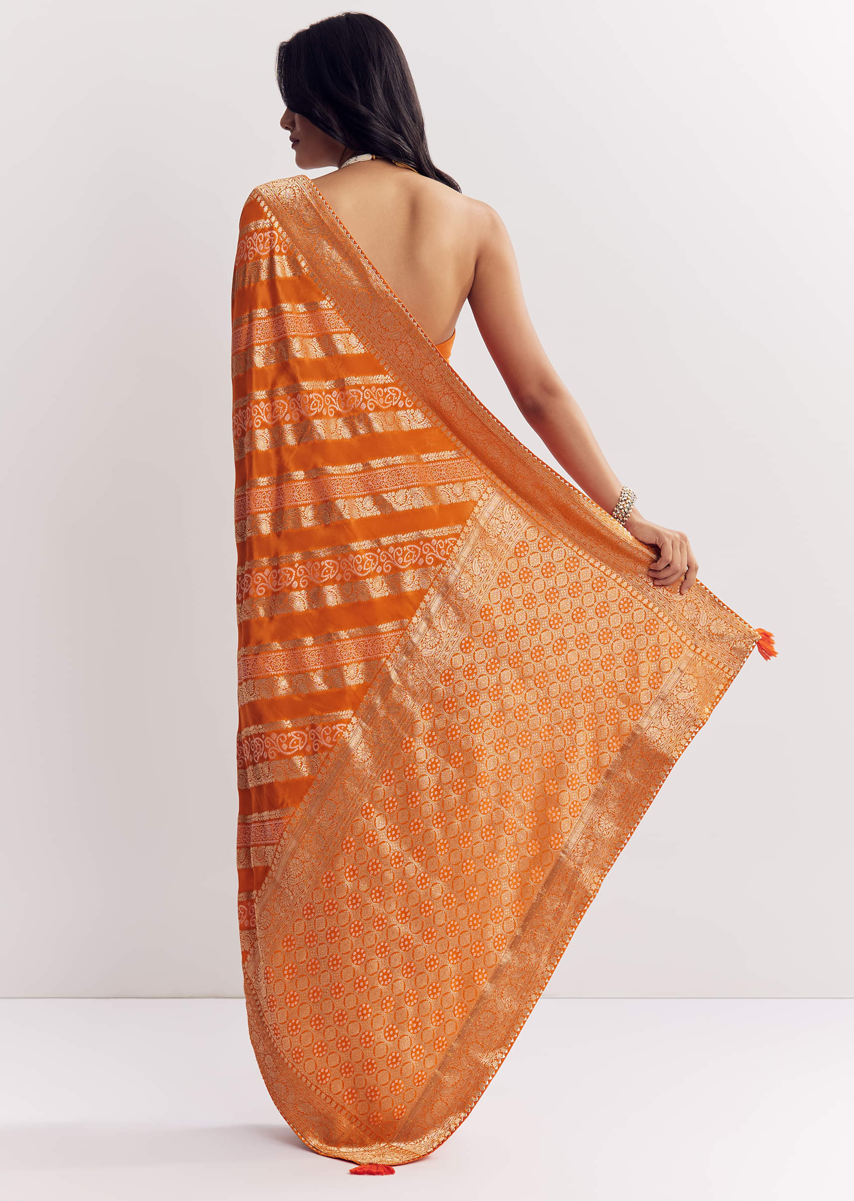 Orange Satin Saree With Zari Vine Design - Image 4