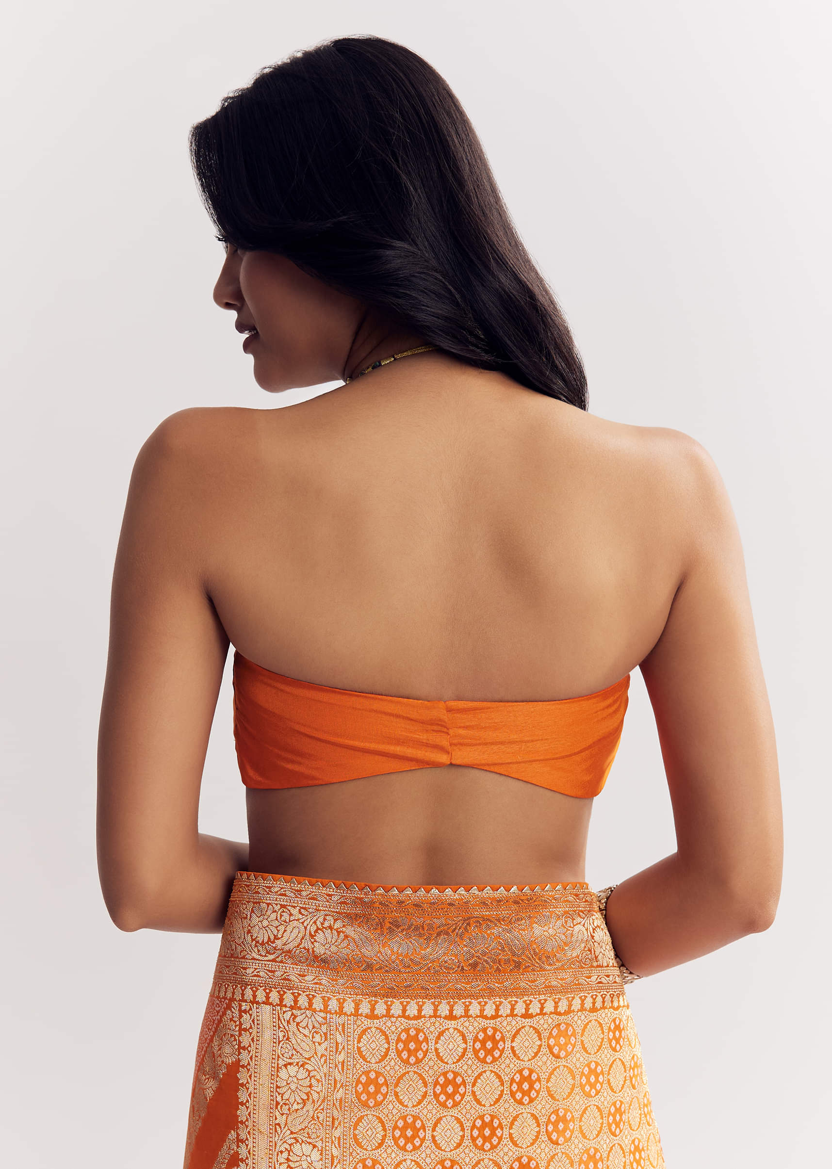 Orange Satin Saree With Zari Vine Design - Image 8