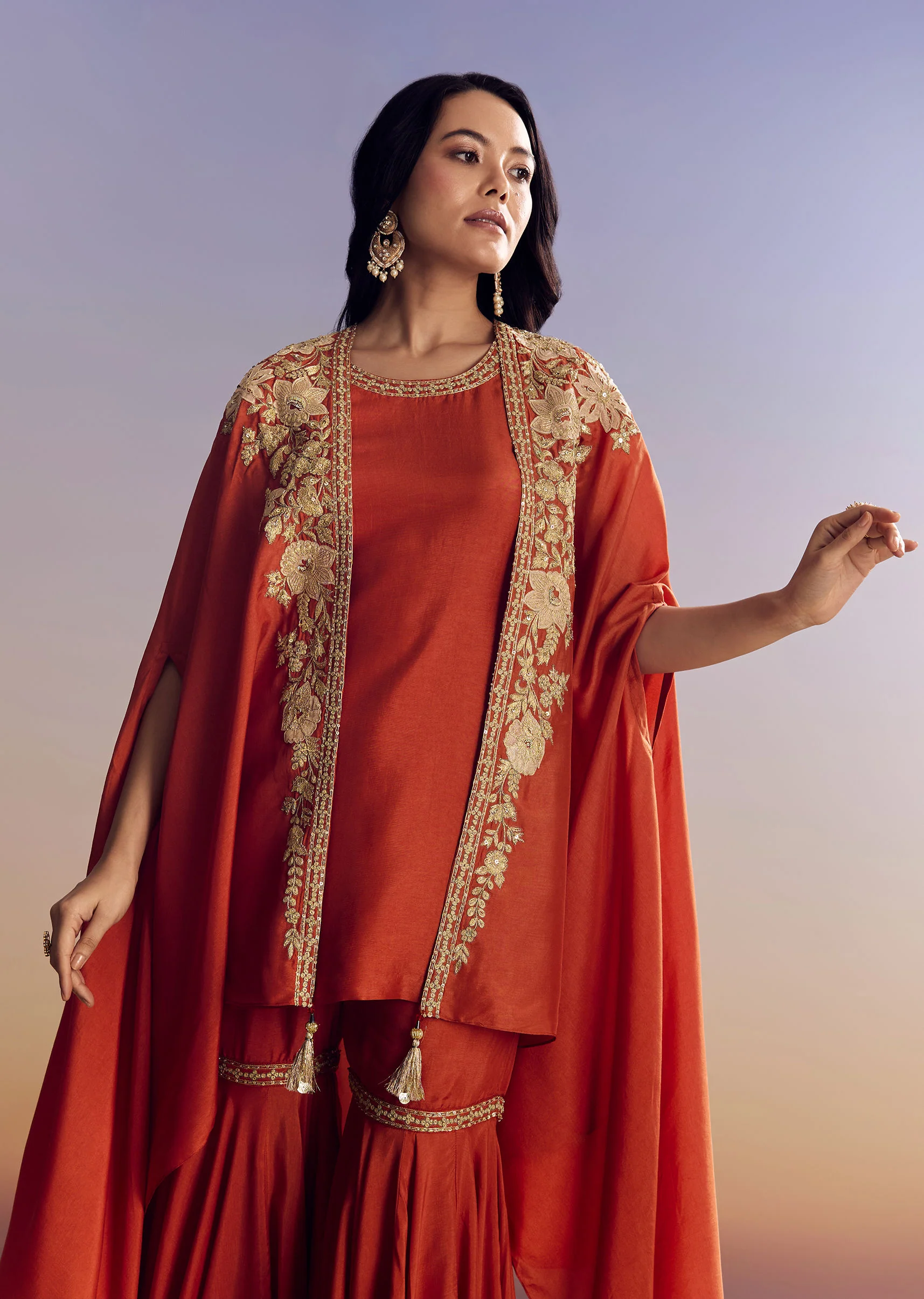 Orange Sharara With Zari Cape - Image 3