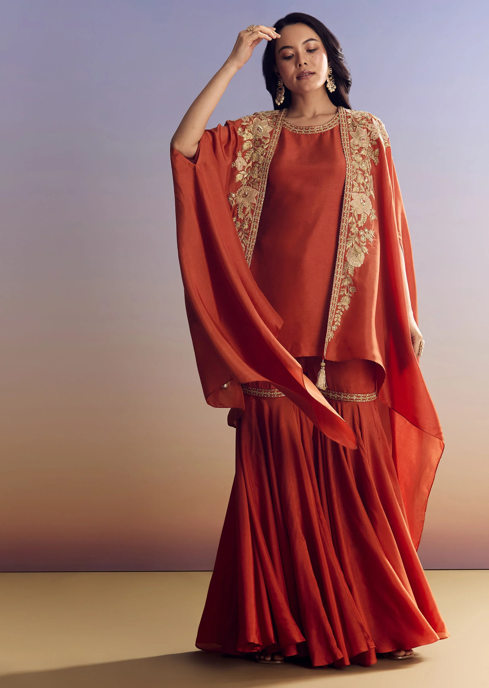 Orange Sharara With Zari Cape - Image 4