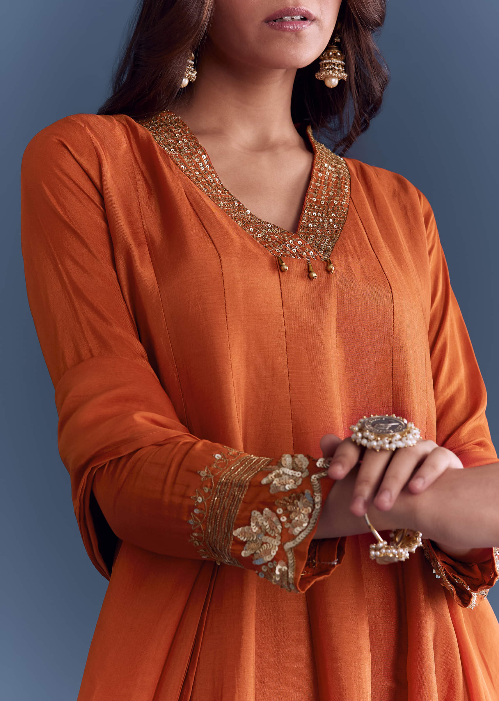 Orange Silk Anarkali Suit With Sequins And Cutdana Work - Image 2