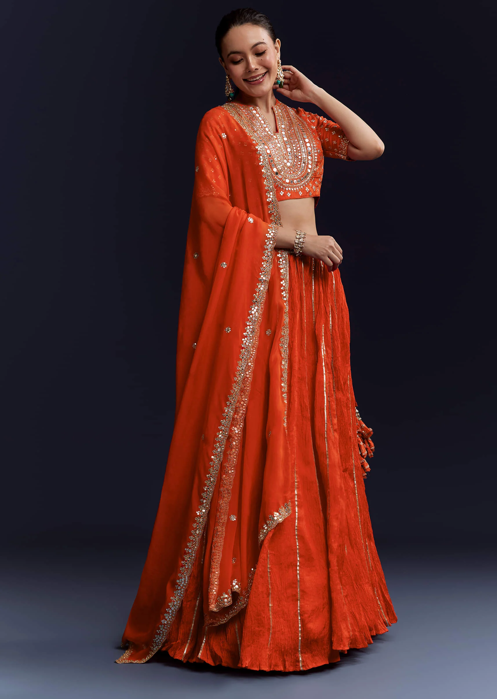 Orange Silk Bridesmaid Lehenga Set with Gota Lace Work - Image 4