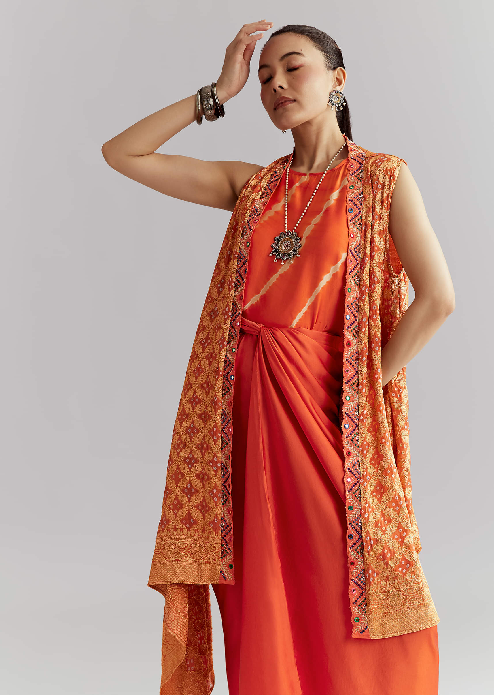 Orange Silk Crop Top And Wrap Skirt Set With Bandhani banarasi jacket - Image 4