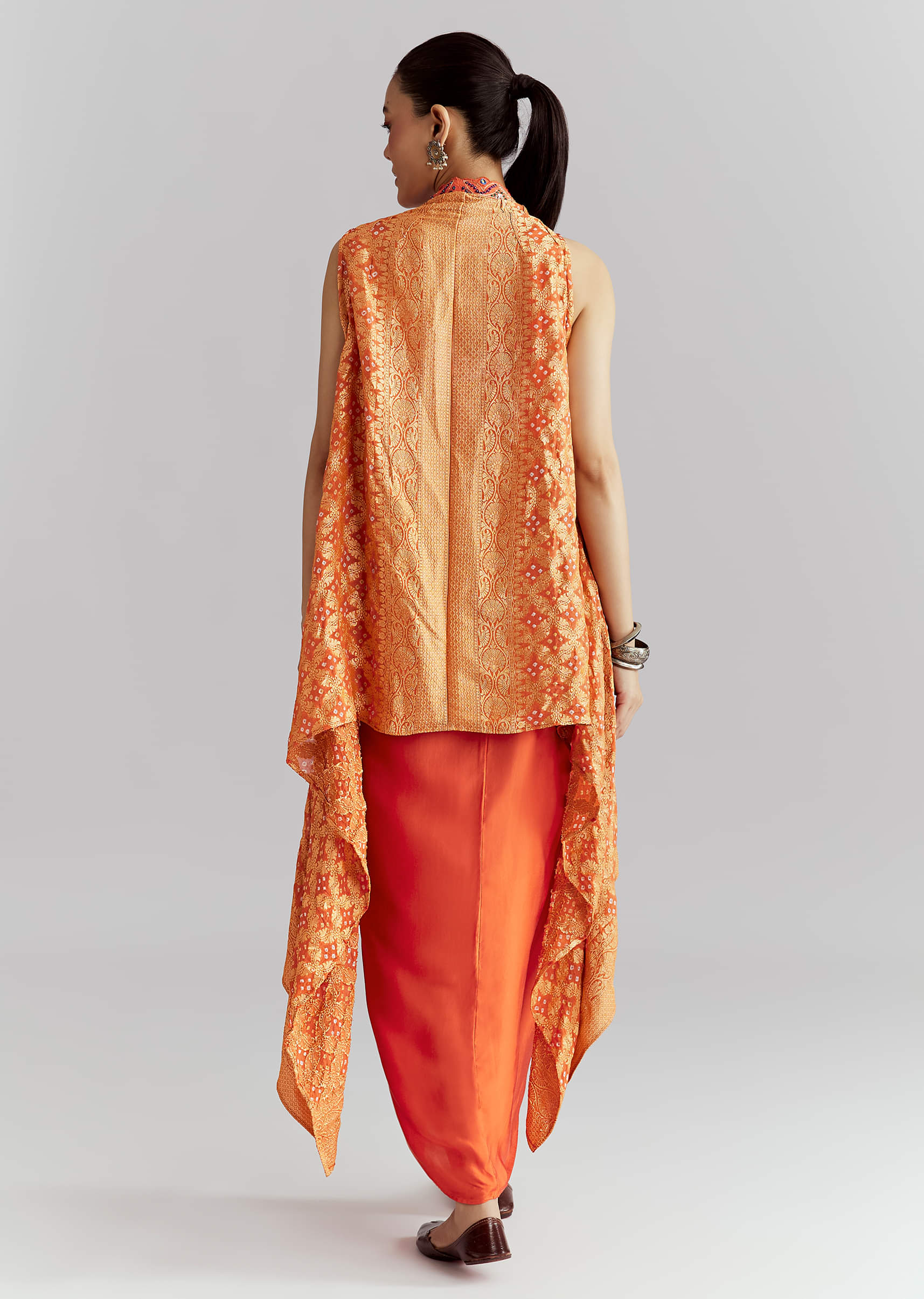 Orange Silk Crop Top And Wrap Skirt Set With Bandhani banarasi jacket - Image 5