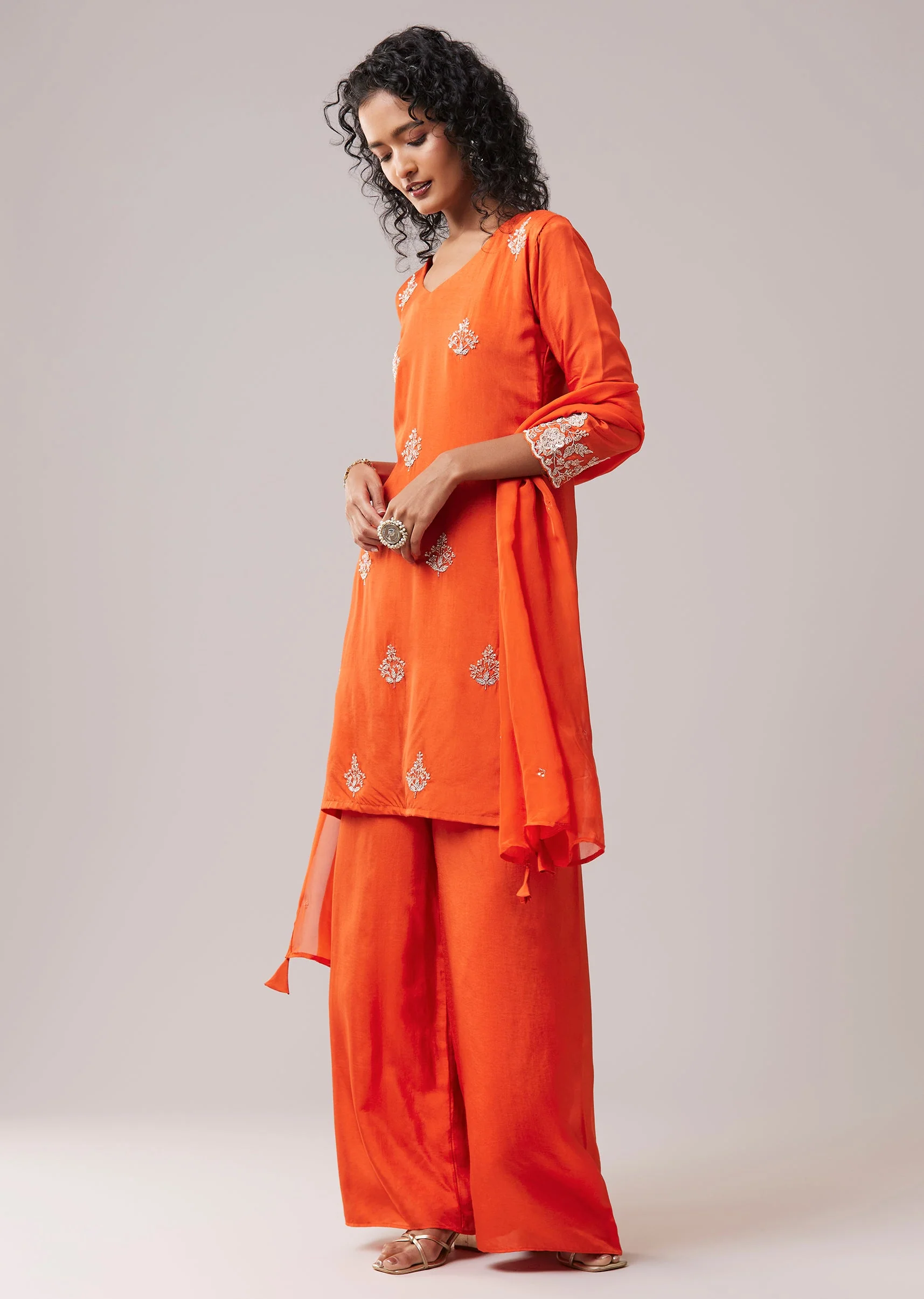 Orange Silk Kurta Palazzo Set with Cutdana Work - Image 3