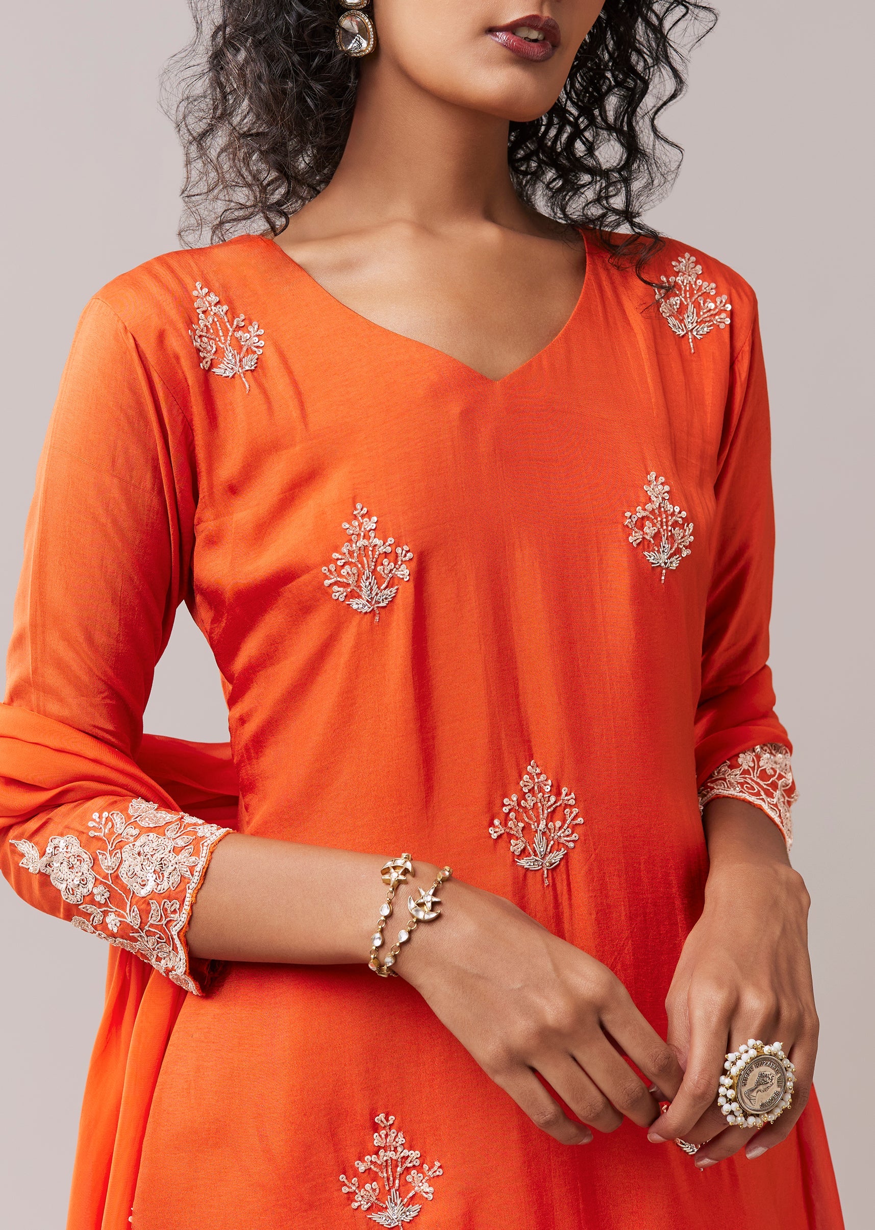 Orange Silk Kurta Palazzo Set with Cutdana Work - Image 4