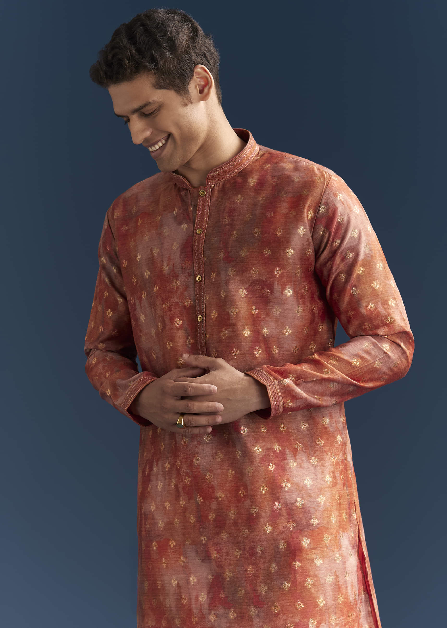 Orange Silk Kurta Set For Men With Abstract And Foil Print - Image 4