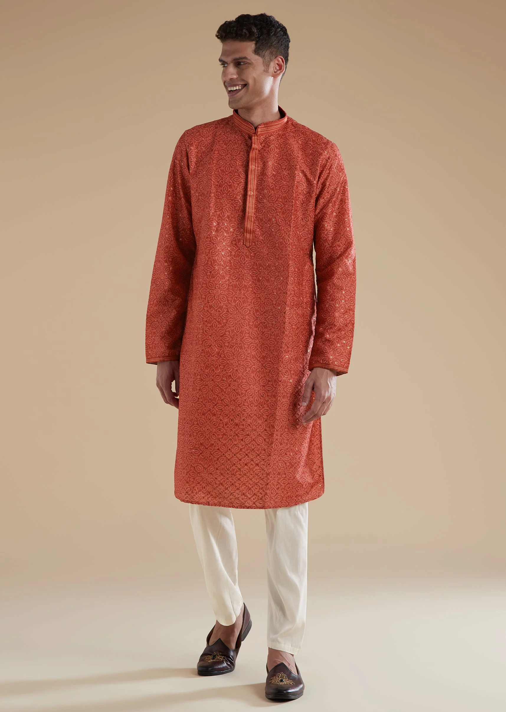 Orange Silk Kurta Set With Sequins Detail Work - Image 2