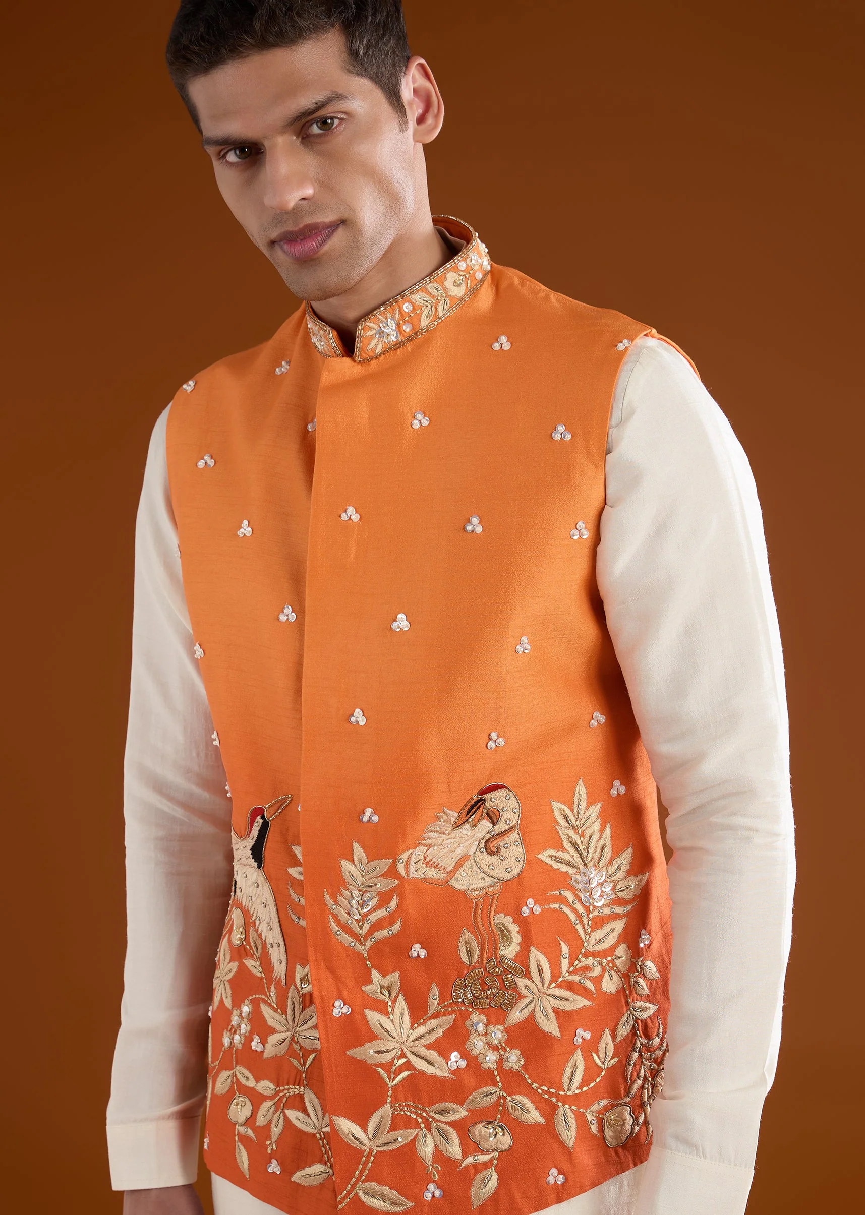 Orange Silk Mens Kurta Jacket Set With Thread Resham And Zardosi Work - Image 2