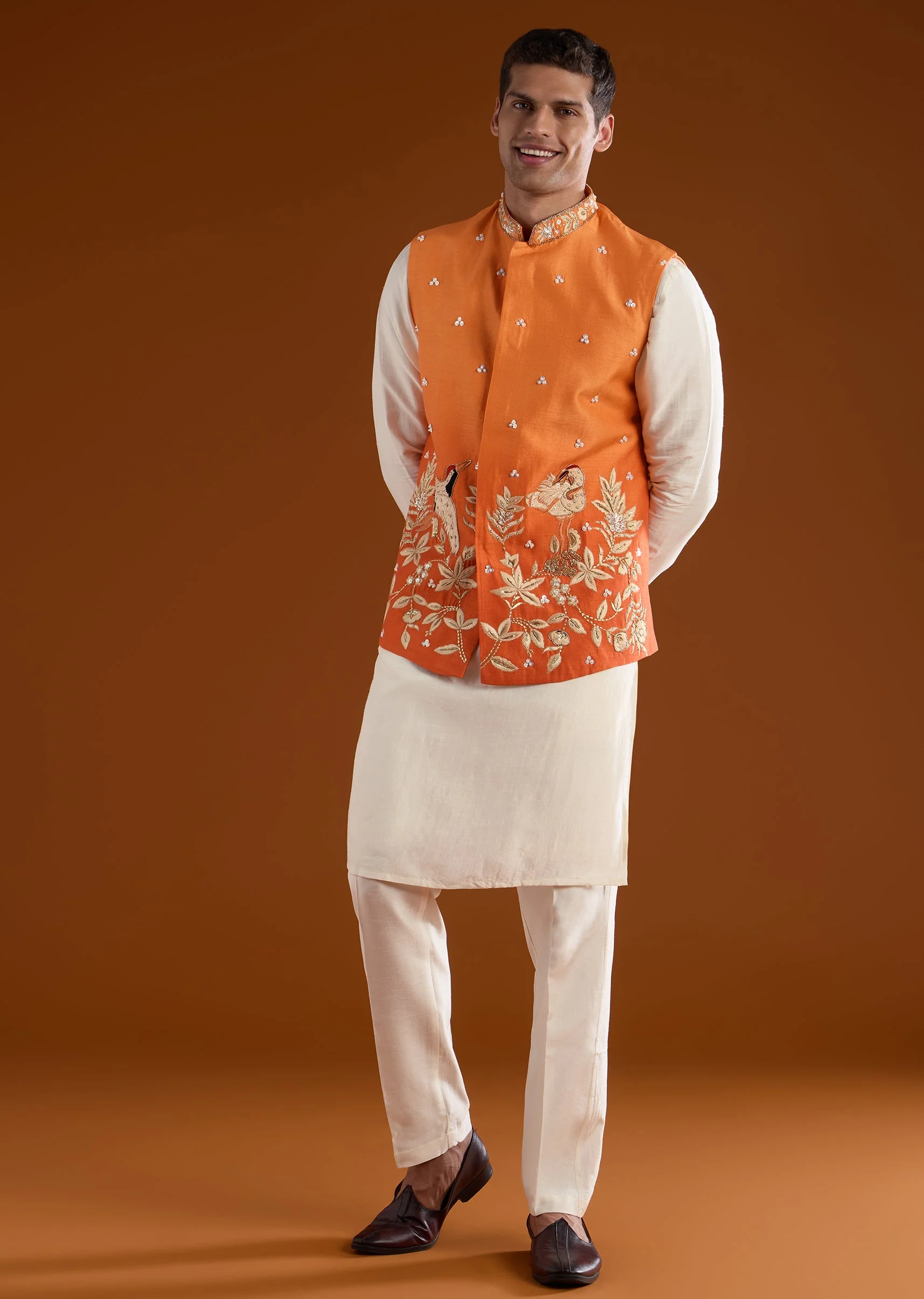 Orange Silk Mens Kurta Jacket Set With Thread Resham And Zardosi Work - Image 3