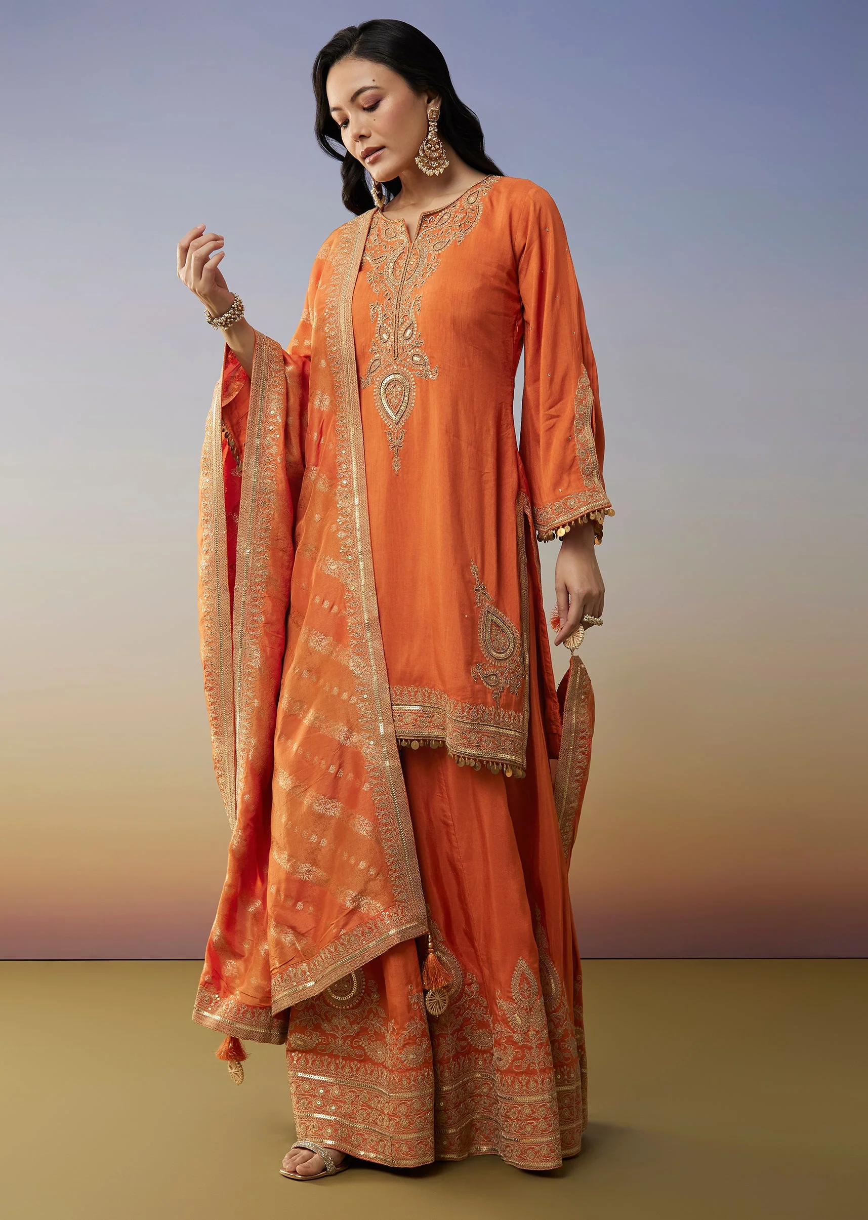 Orange Silk Palazzo Suits with Zari Work and Embroidery Detail - Image 3