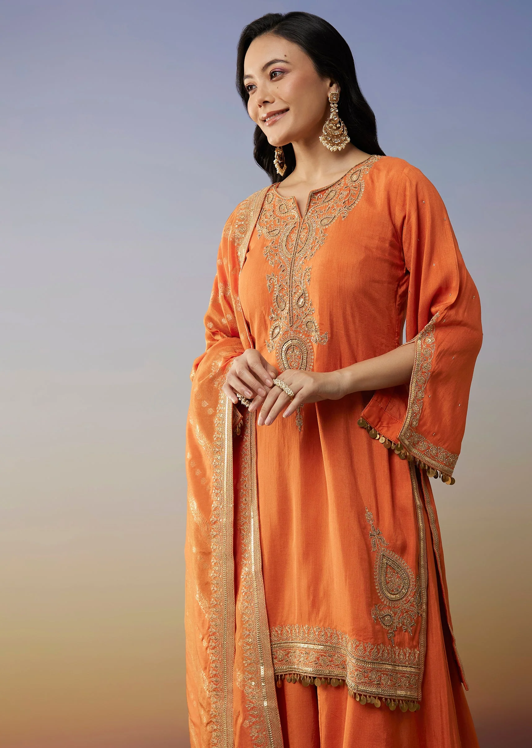Orange Silk Palazzo Suits with Zari Work and Embroidery Detail - Image 4
