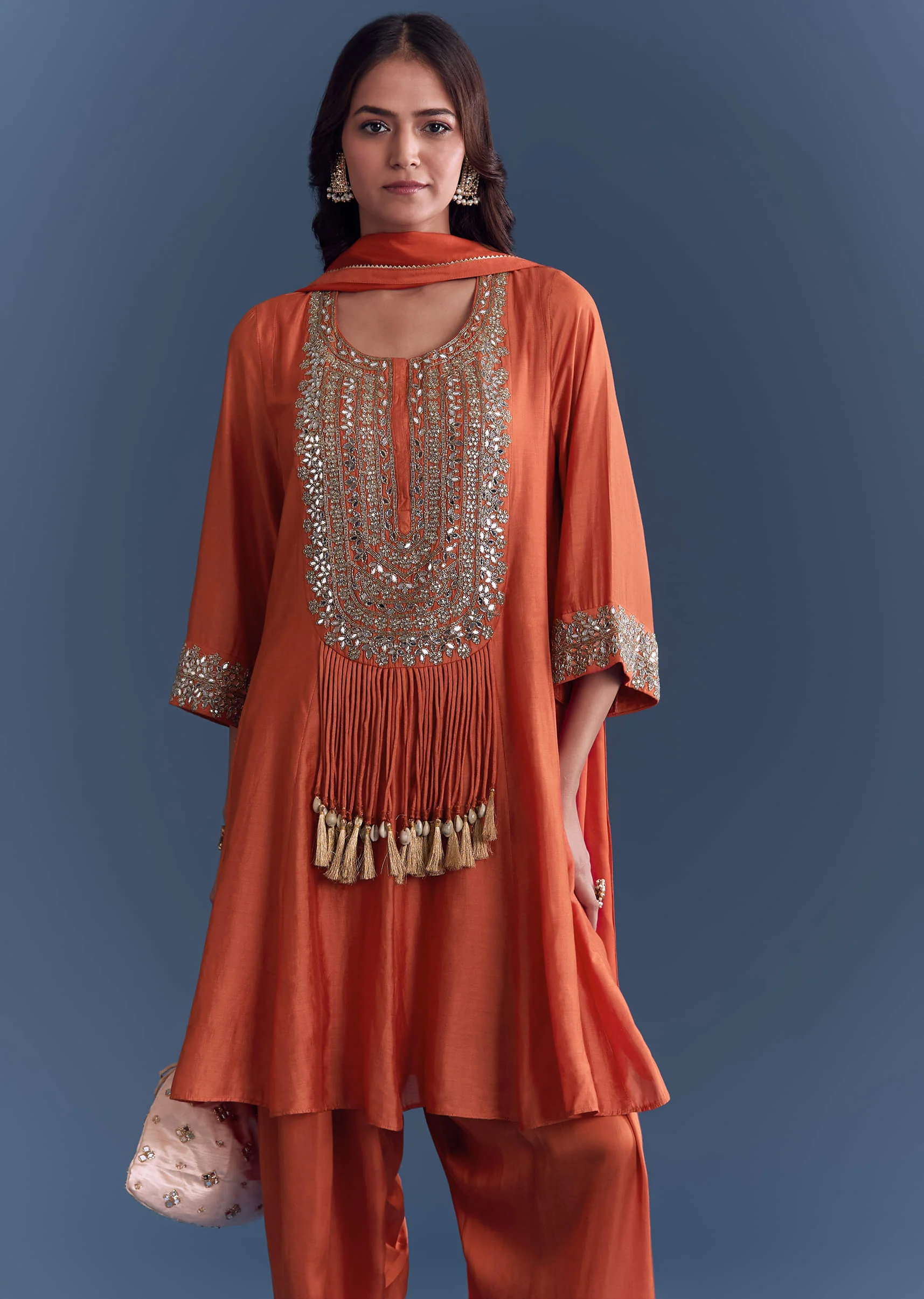 Orange Silk Patiala Suit With Mirror And Cutdana Embroidery - Image 4