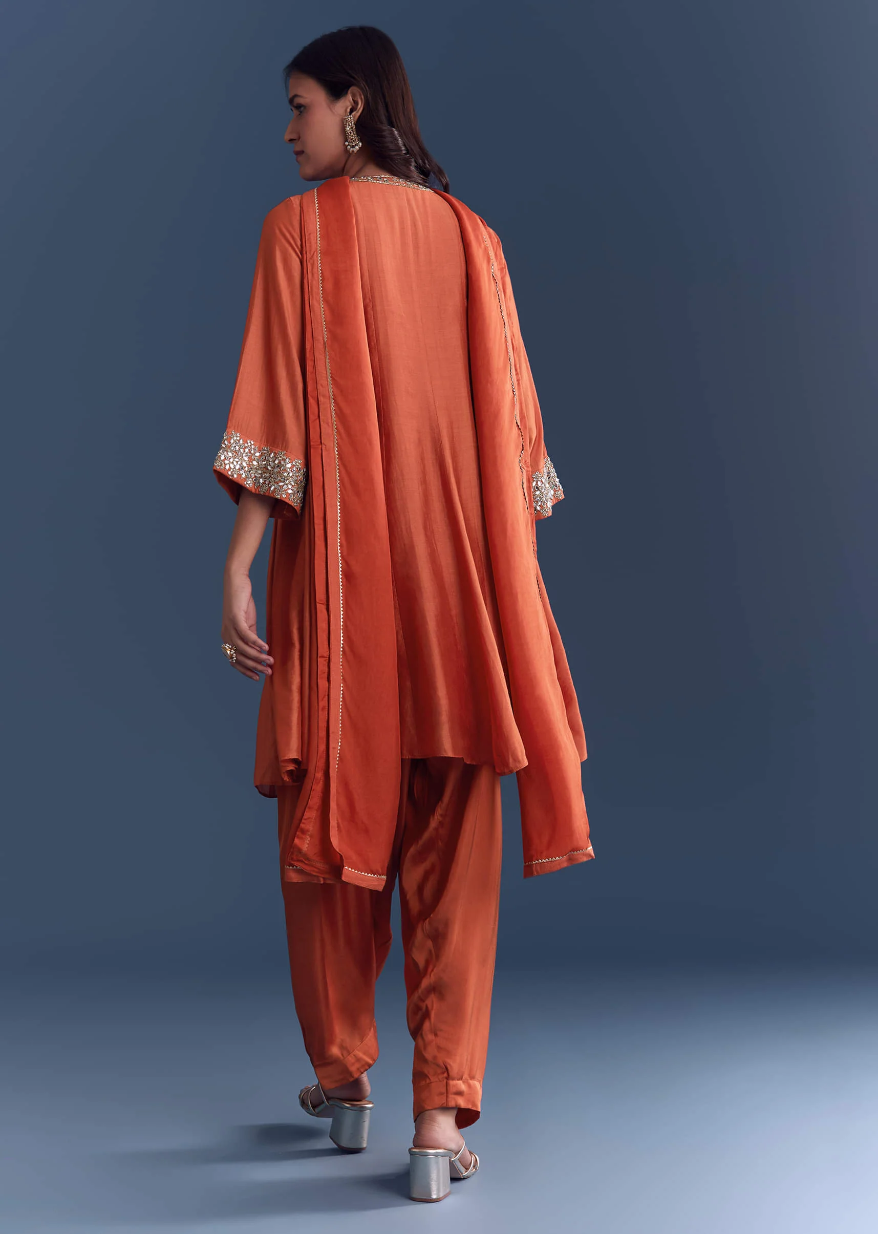 Orange Silk Patiala Suit With Mirror And Cutdana Embroidery - Image 5