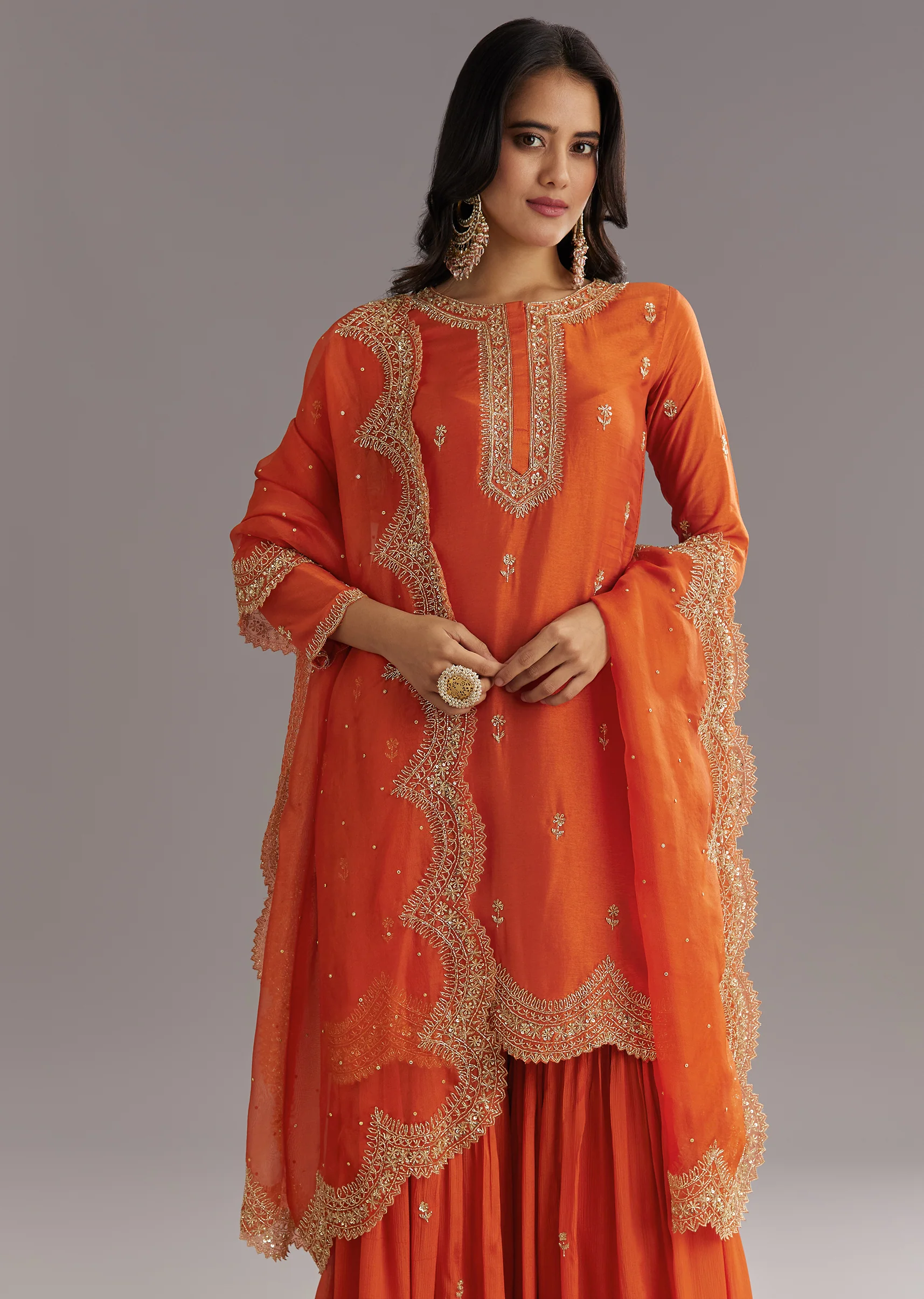 Orange Silk Sharara Set With Cut Dana and Sequins Work and Organza Dupatta - Image 2