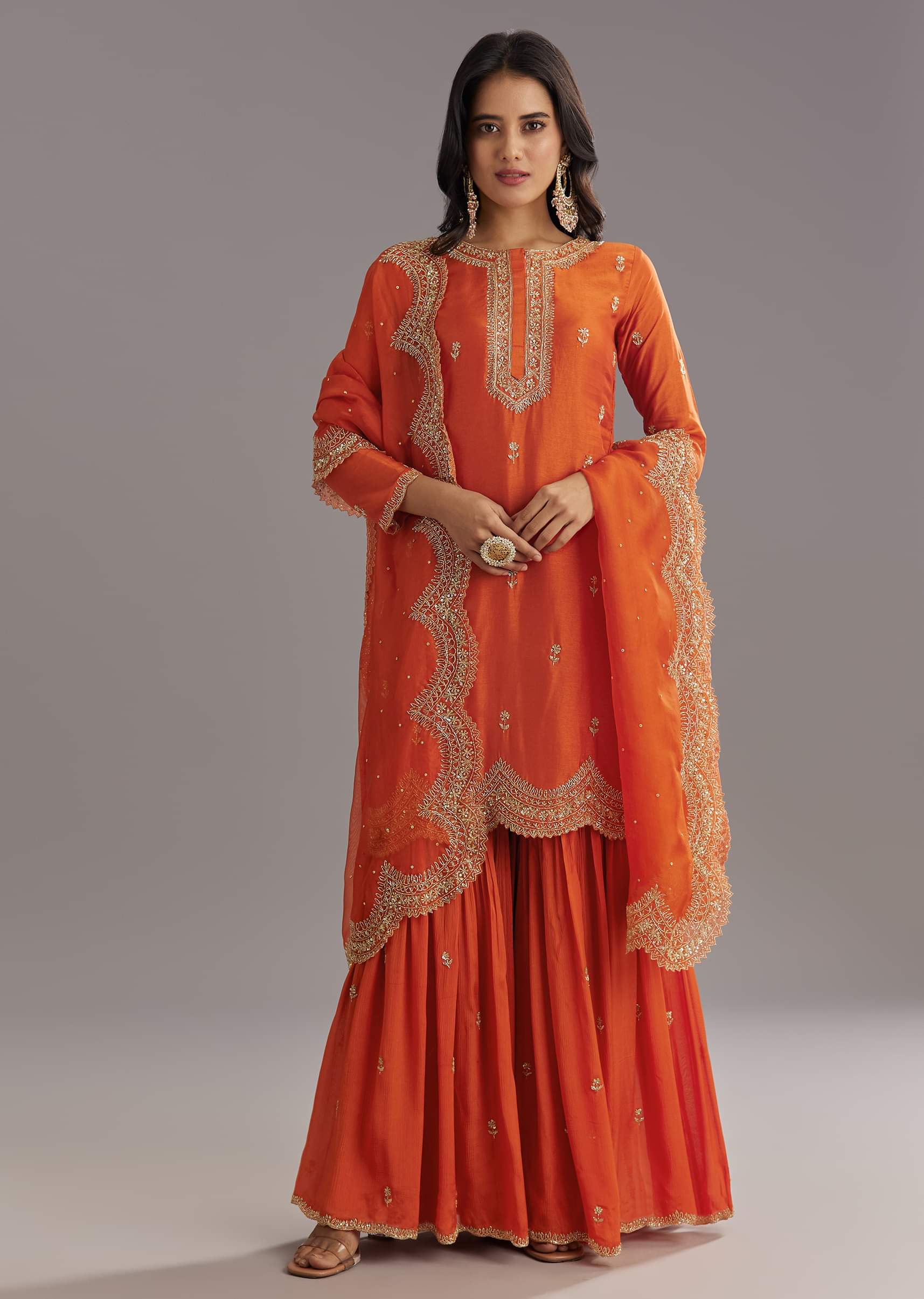 Orange Silk Sharara Set With Cut Dana and Sequins Work and Organza Dupatta - Image 3
