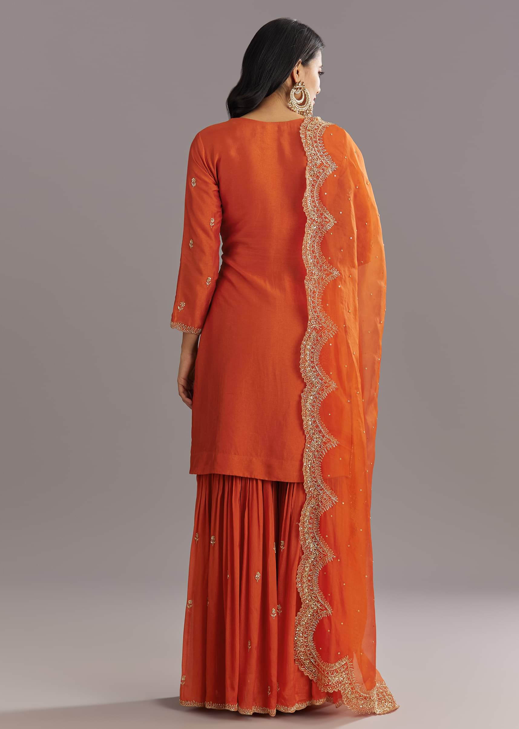 Orange Silk Sharara Set With Cut Dana and Sequins Work and Organza Dupatta - Image 4