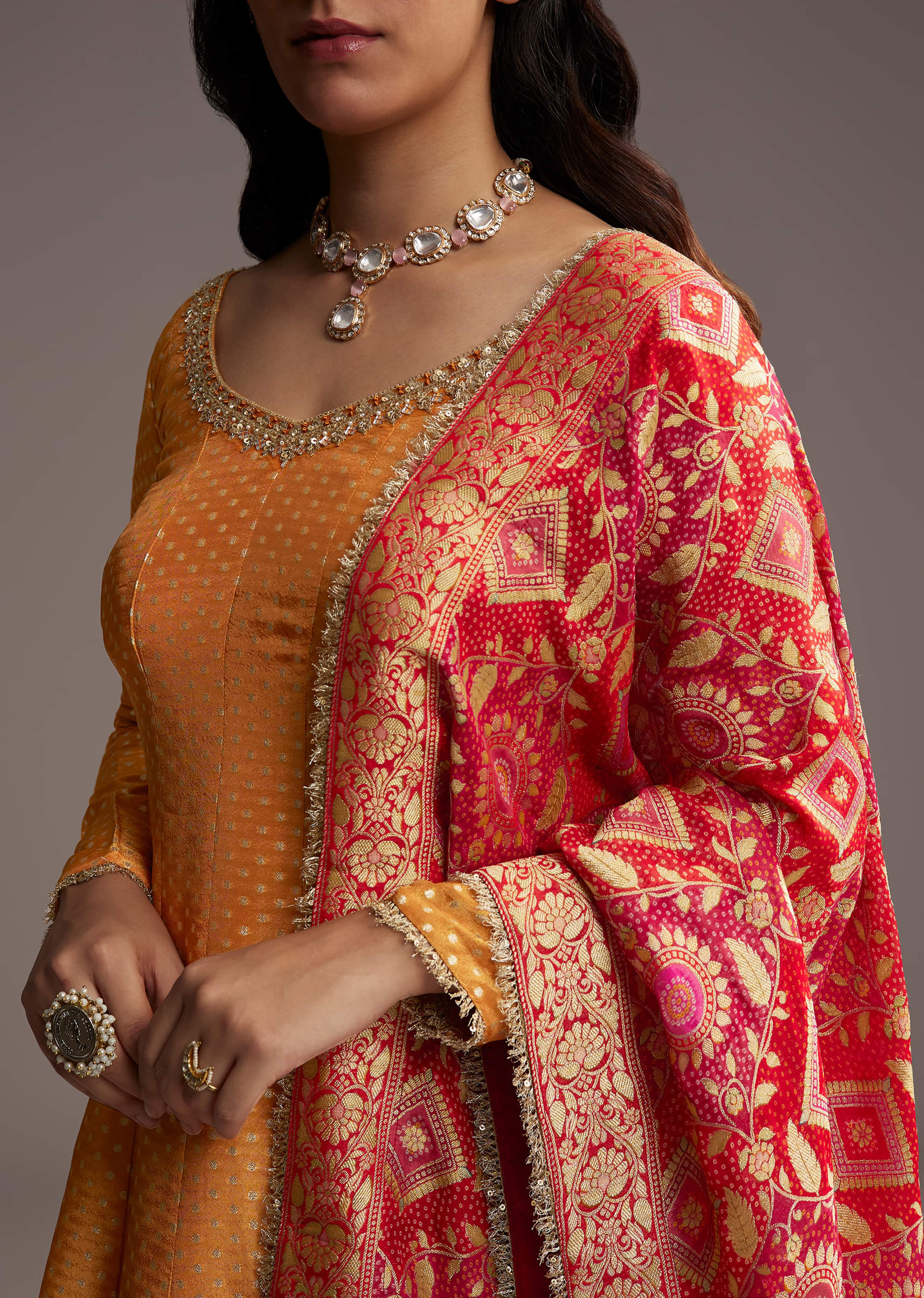 Orange Tissue Anarkali Suit With Butti Work And Printed Silk Dupatta - Image 2