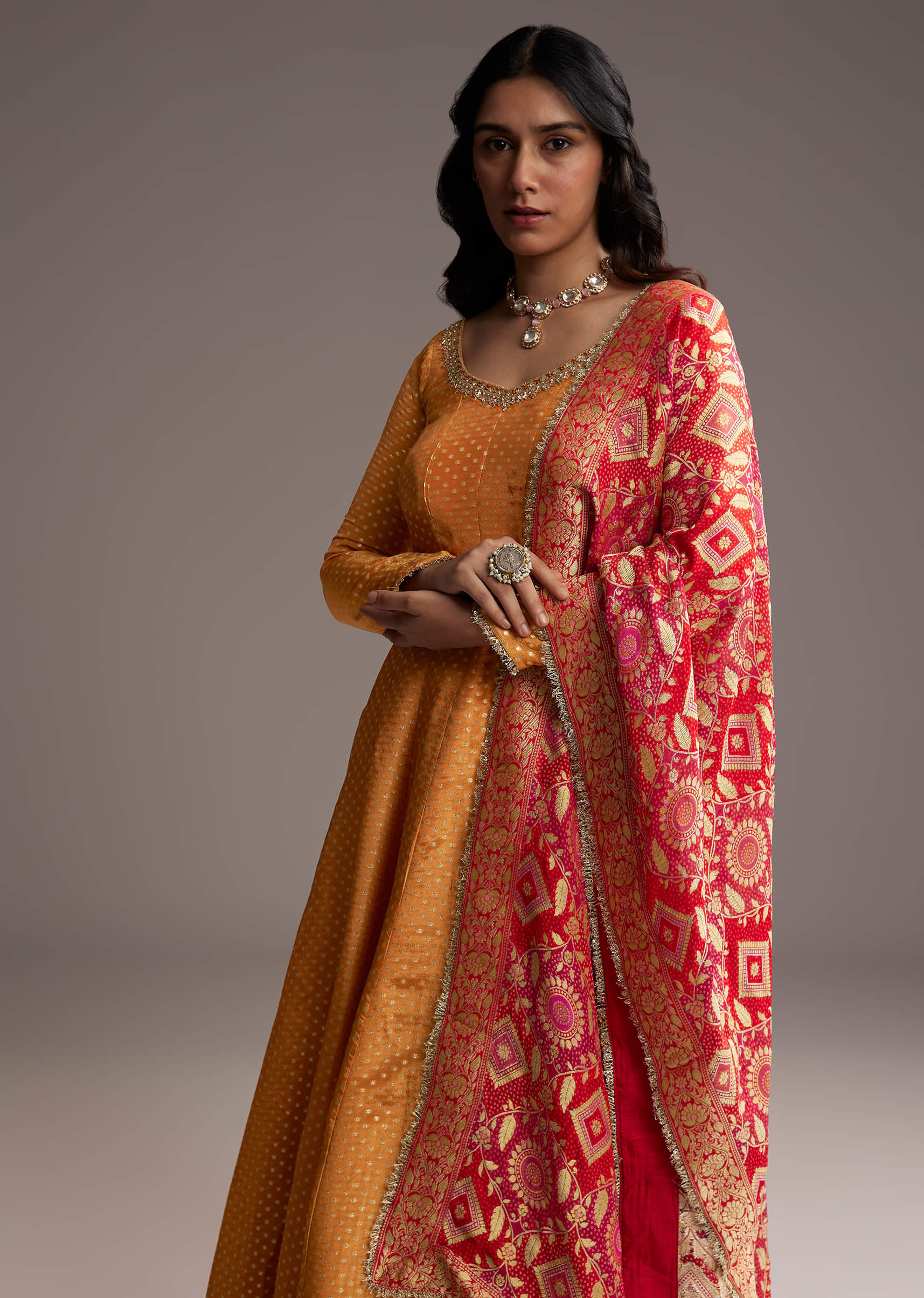 Orange Tissue Anarkali Suit With Butti Work And Printed Silk Dupatta - Image 4