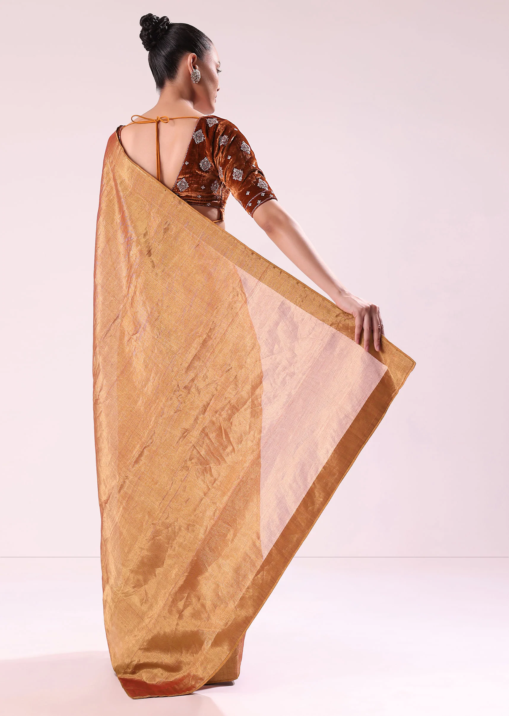 Orange Tissue Saree With Embroidered Rust Orange Stitched Blouse - Image 5