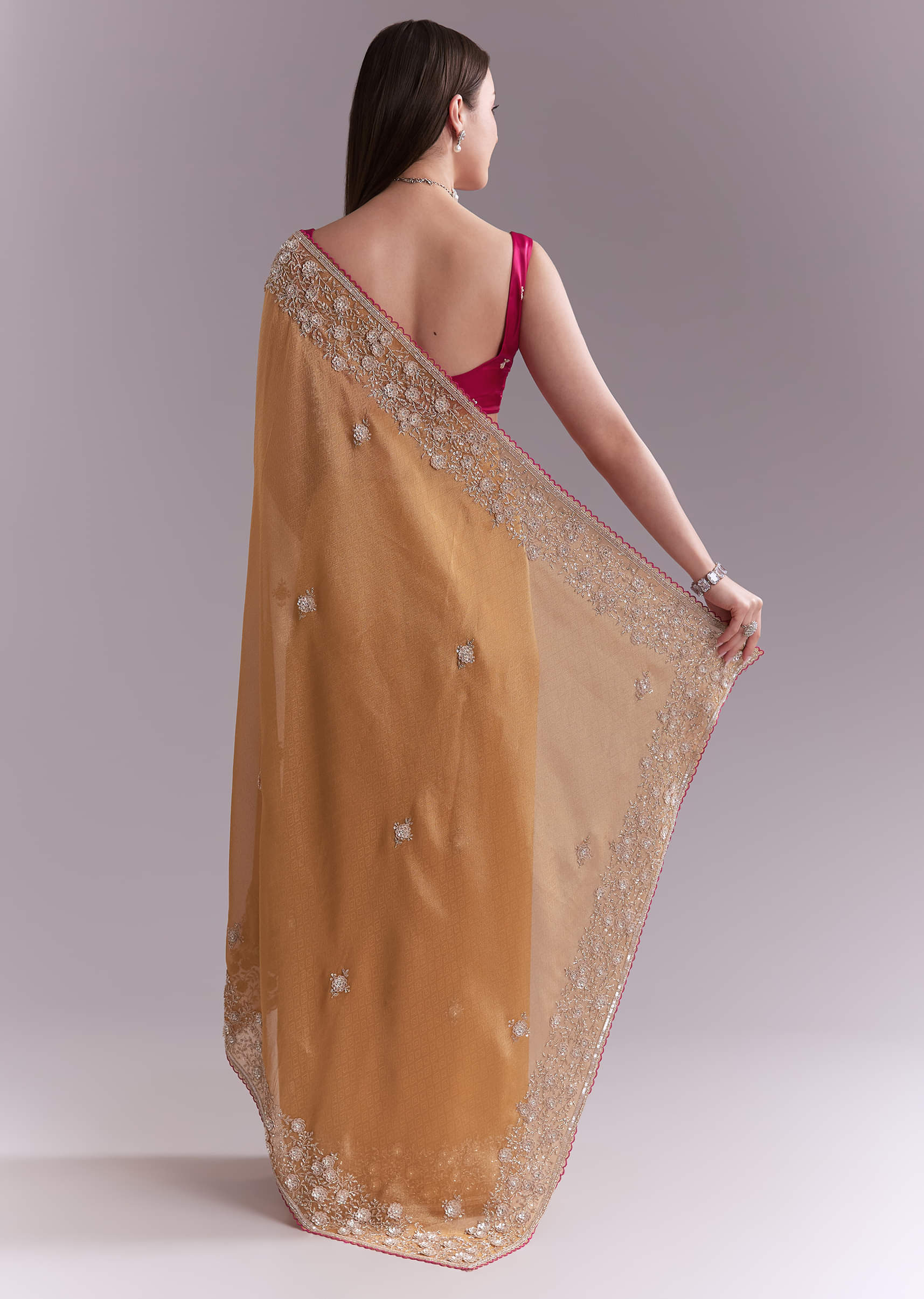 Orange Tissue Saree With Heavy Floral Embroidery - Image 4