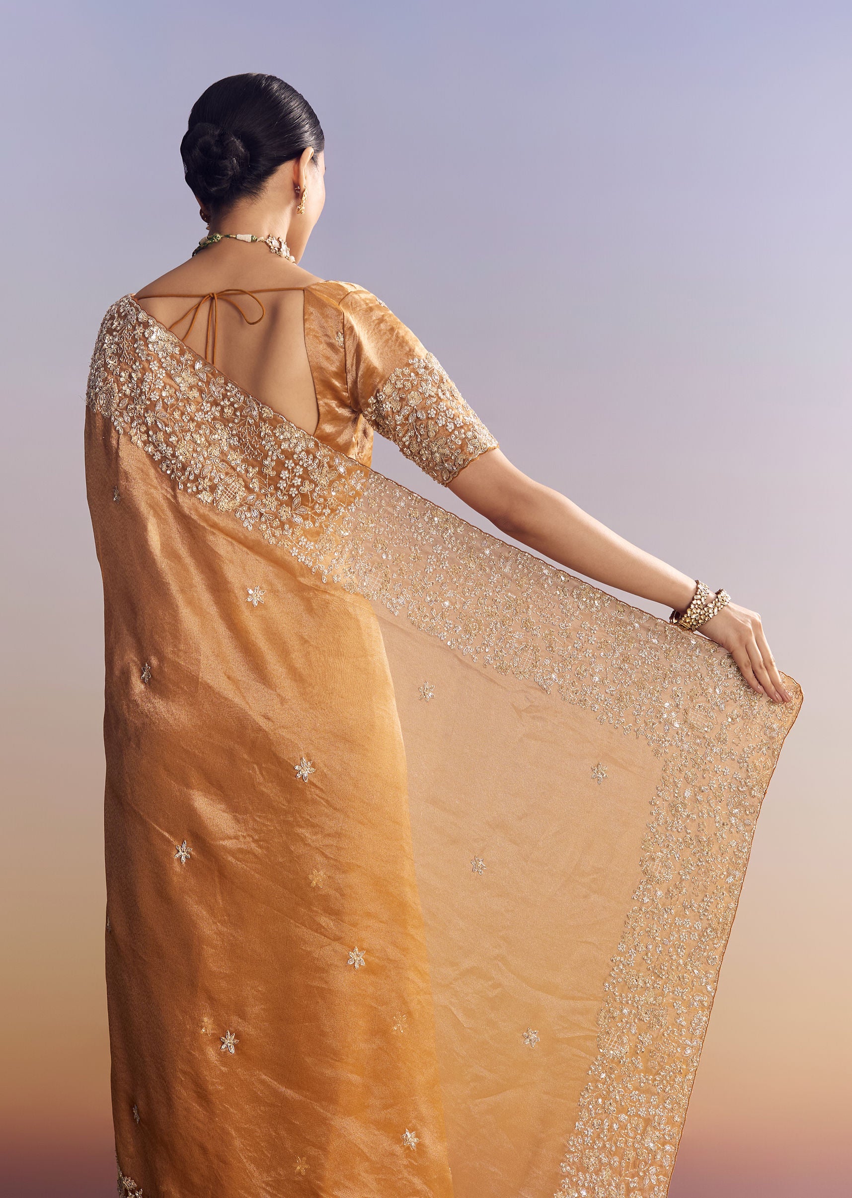 Orange Tissue Saree With Unstitched Heavy Embroidered Border - Image 4