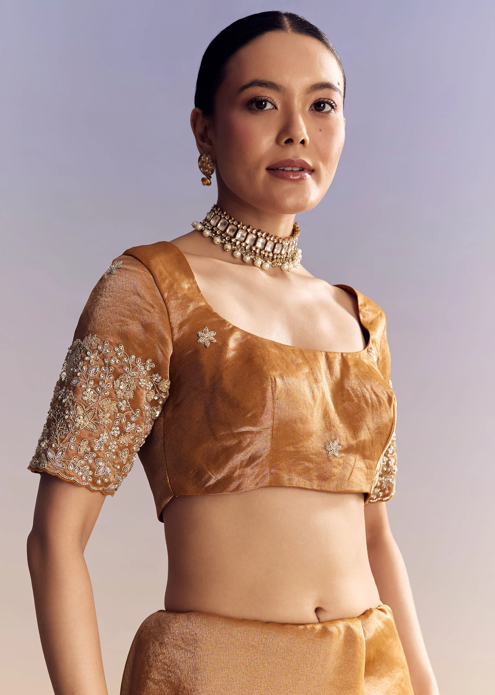 Orange Tissue Saree With Unstitched Heavy Embroidered Border - Image 7