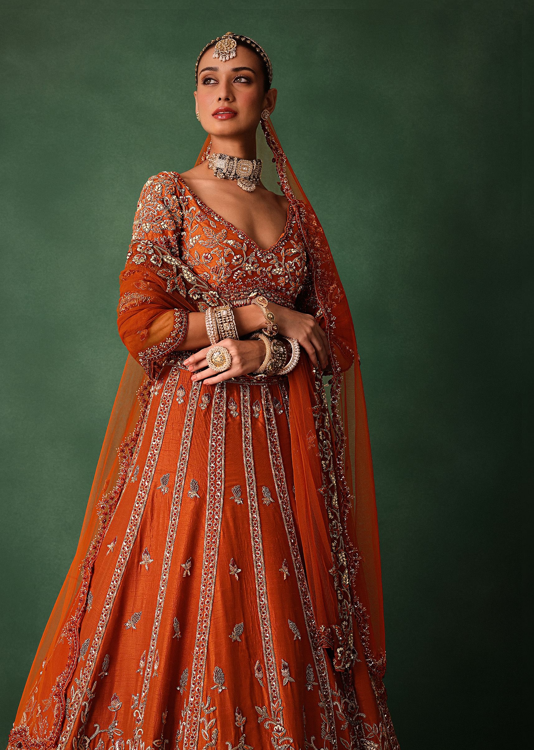 Orange Tussar Zardosi Embroidered Lehenga With Blouse And Dupatta - Image 5
