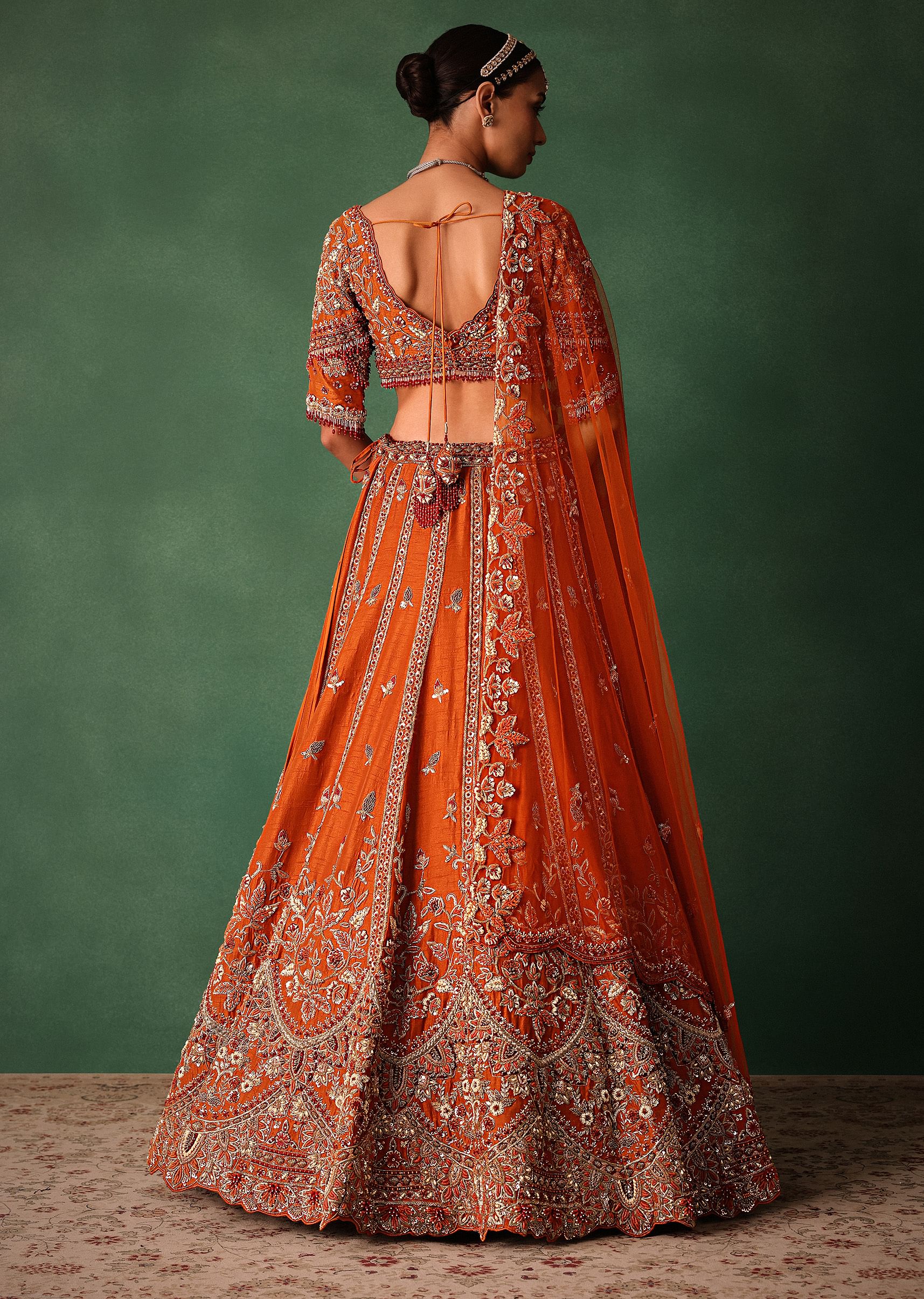 Orange Tussar Zardosi Embroidered Lehenga With Blouse And Dupatta - Image 6
