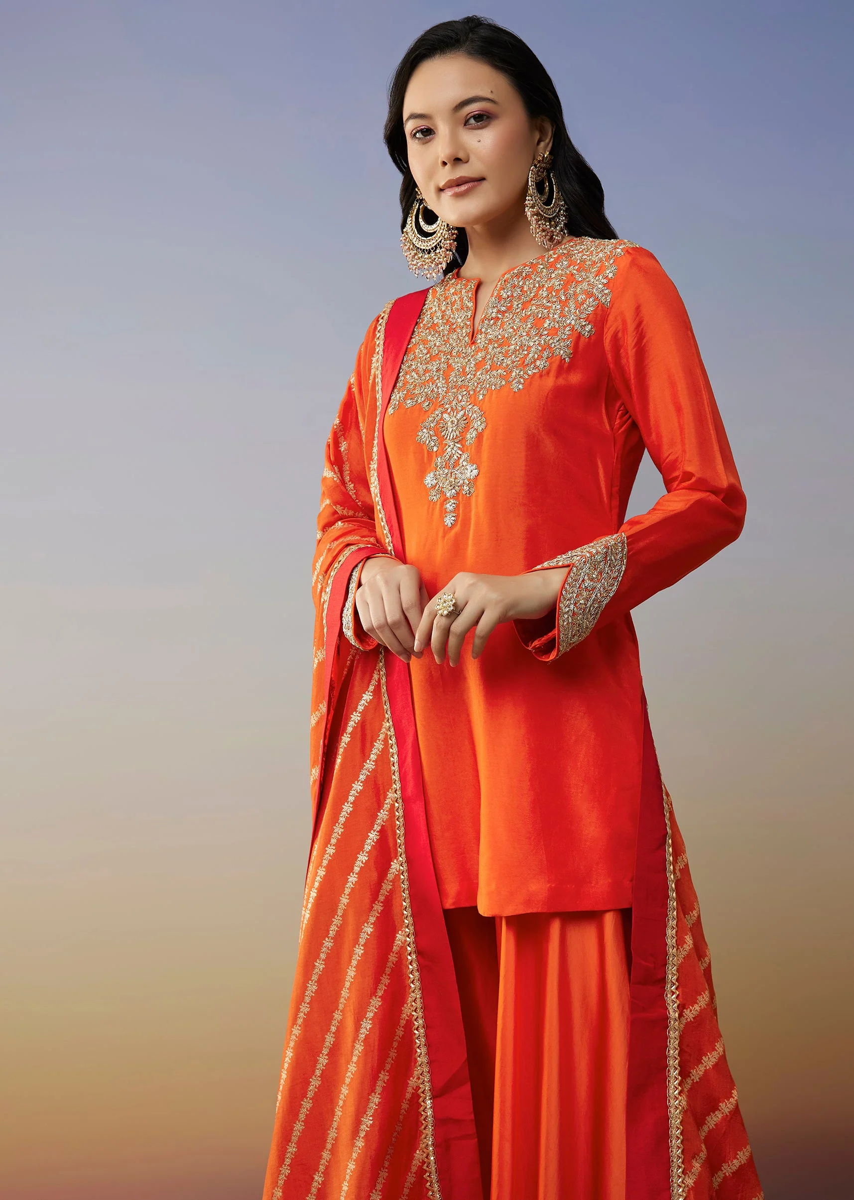 Orange Viscose Satin Palazzo Suit with Zardosi Work - Image 4